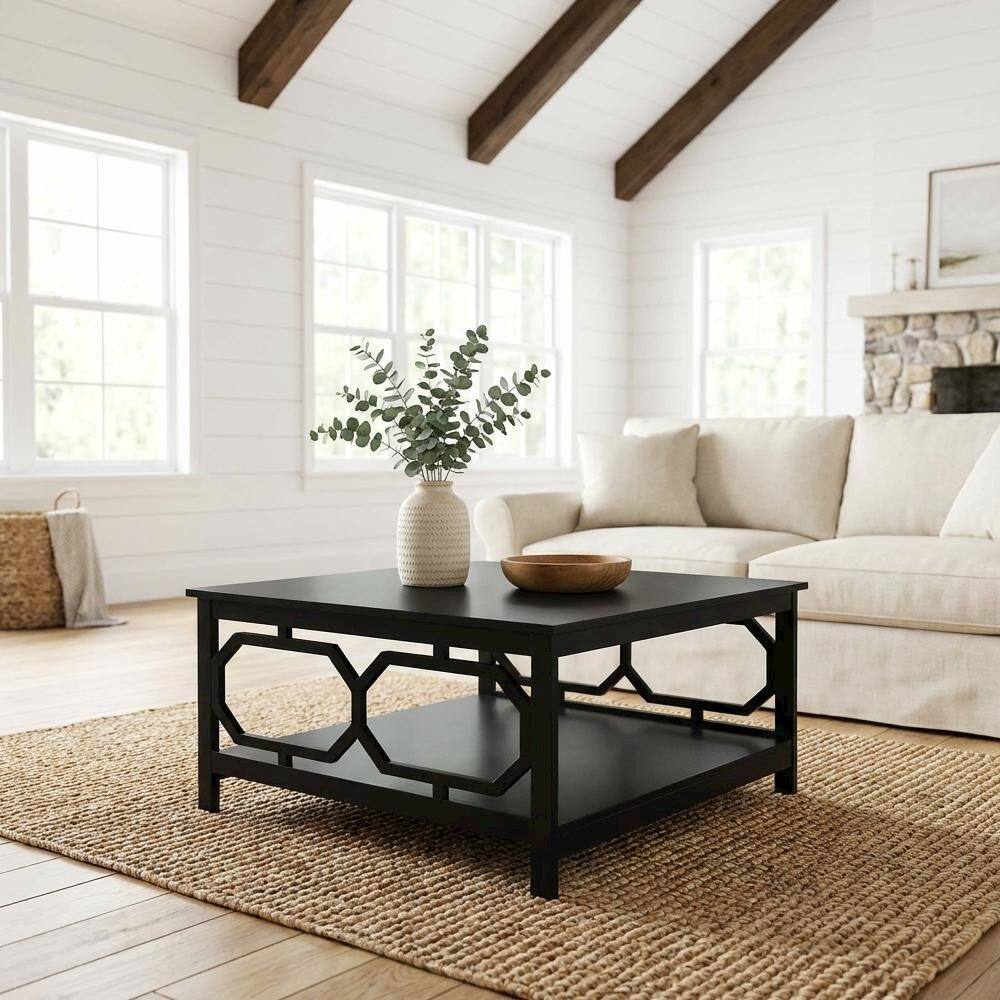Left. FurniFact - Black MDF Coffee Table Square Top with Sturdy Frame and Modern Design - Black.