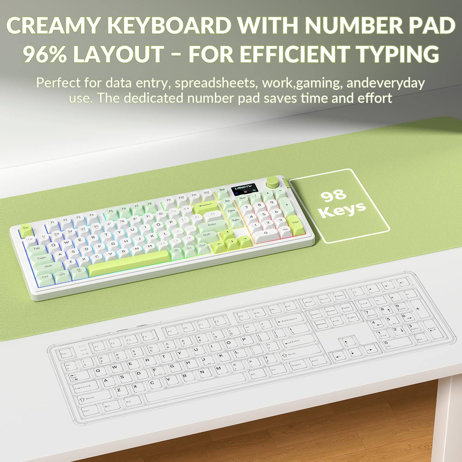 CREAMY KEYBOARD WITH NUMBER PAD  
96% LAYOUT – FOR EFFICIENT TYPING  

Perfect for data entry, spreadsheets, work, gaming, and everyday use. The dedicated number pad saves time and effort.  

98 Keys