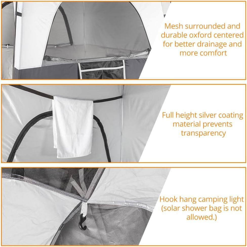 Mesh surrounded and durable oxford centered for better drainage and more comfort

Full height silver coating material prevents transparency

Hook hang camping light (solar shower bag is not allowed.)