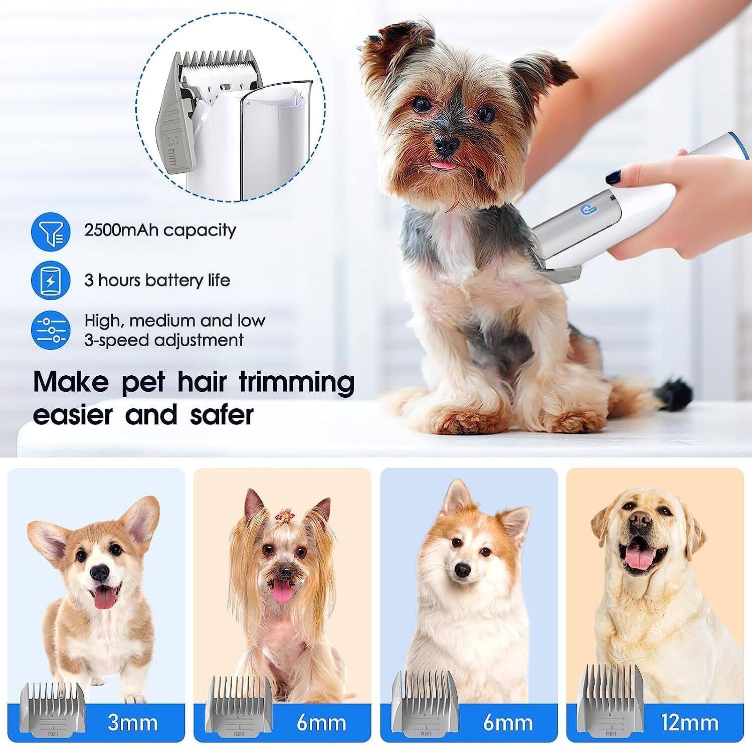 - 2500mAh capacity
- 3 hours battery life
- High, medium and low 3-speed adjustment

Make pet hair trimming easier and safer

- 3mm
- 6mm
- 6mm
- 12mm
