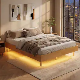 Costway - Full Size Floating Bed Frame with LED Lights, 12 Inch Modern Wood Platform Bed - Natural