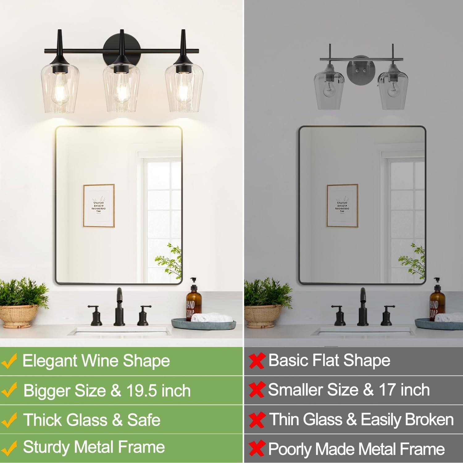 - Elegant Wine Shape
- Bigger Size & 19.5 inch
- Thick Glass & Safe
- Sturdy Metal Frame

- Basic Flat Shape
- Smaller Size & 17 inch
- Thin Glass & Easily Broken
- Poorly Made Metal Frame