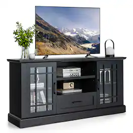 Ecooso - 70 Inch TV Stand with Glass Doors, Cubbies and Drawer Storage - Black