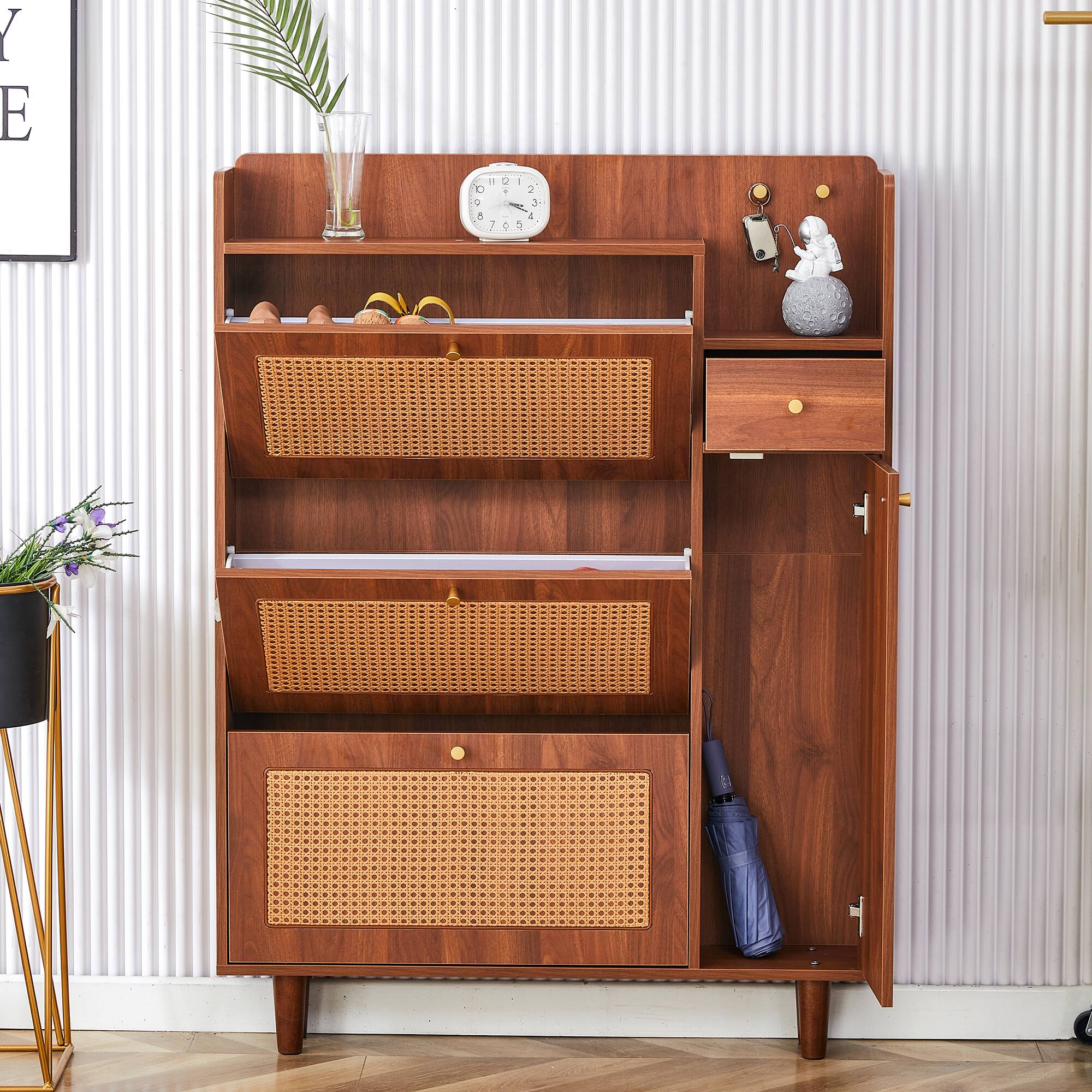 Alt View 1. Loheer - Loheer- Modern Narrow Shoe Cabinet 3.1x0.6x4.1 ft MDF Entryway Shoe Organizer Slim Hidden Storage for Small Hallways - Walnut.