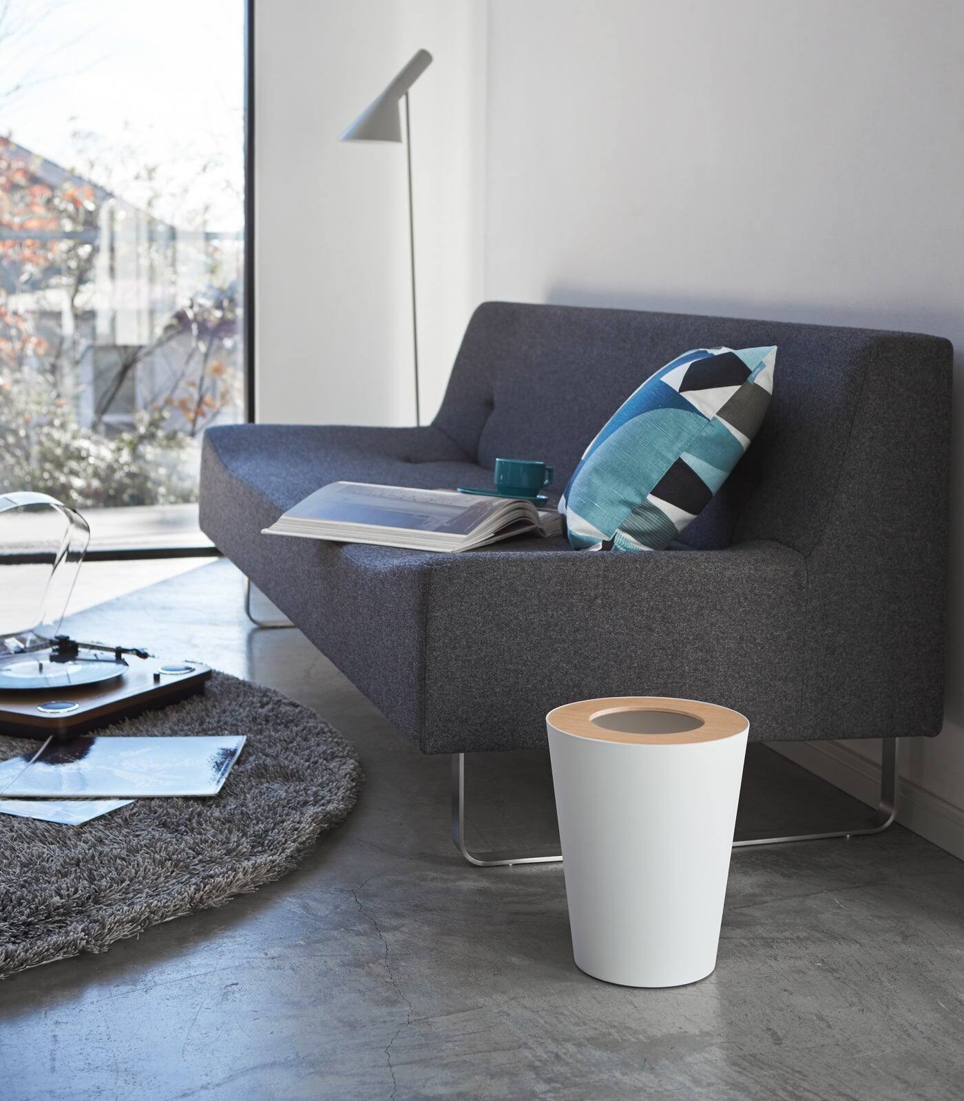 Alt View 1. Yamazaki Home - Trash Can - Round - Steel + Wood - White.