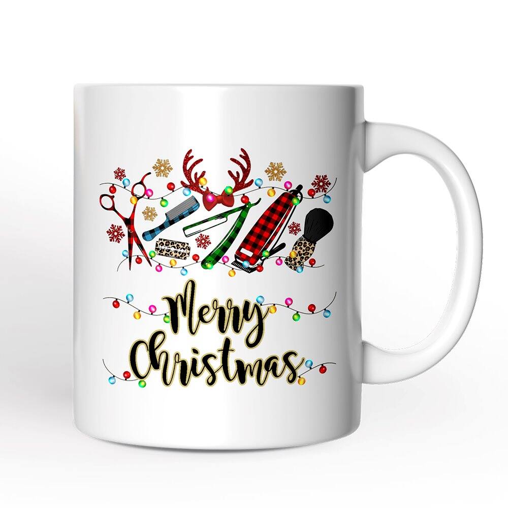 OrnamentallyYou - Barber Buffalo Plaid Christmas Mug, Barbershop Gift - White