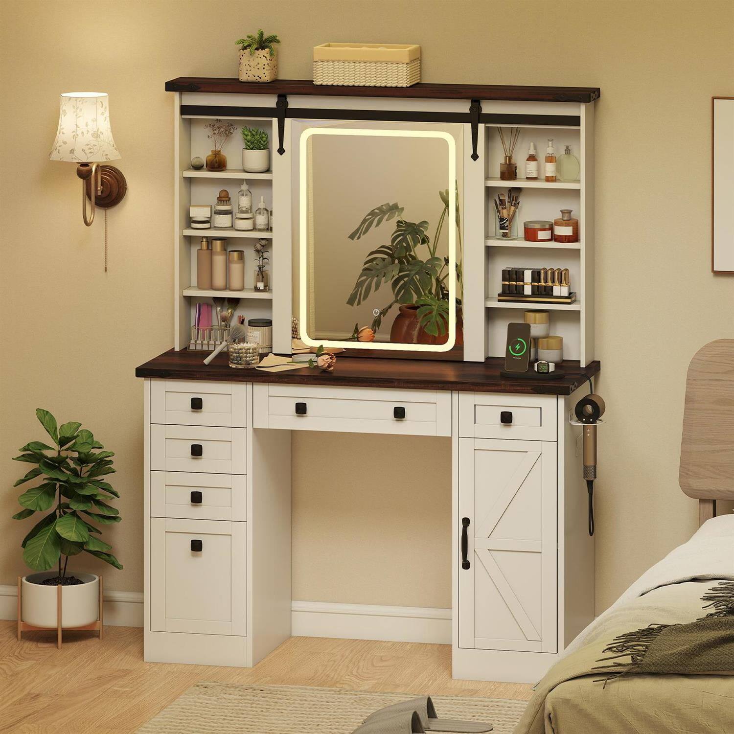 Alt View 3. Pefilos - Farmhouse Style Vanity Desk, Sliding Barn Mirror, 3 Light Modes, 1 Cabinet & 6 Drawers & 9 Shelves, Charging Port - White.