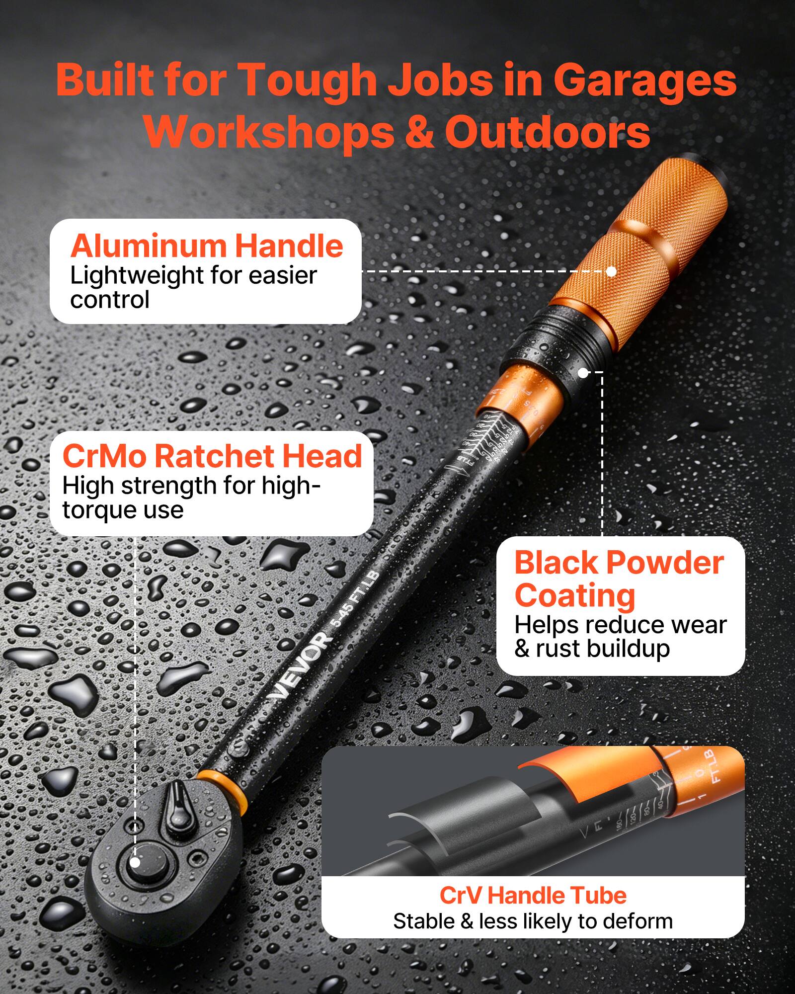 Built for Tough Jobs in Garages Workshops & Outdoors

- Aluminum Handle: Lightweight for easier control
- CrMo Ratchet Head: High strength for high-torque use
- Black Powder Coating: Helps reduce wear & rust buildup
- CrV Handle Tube: Stable & less likely to deform