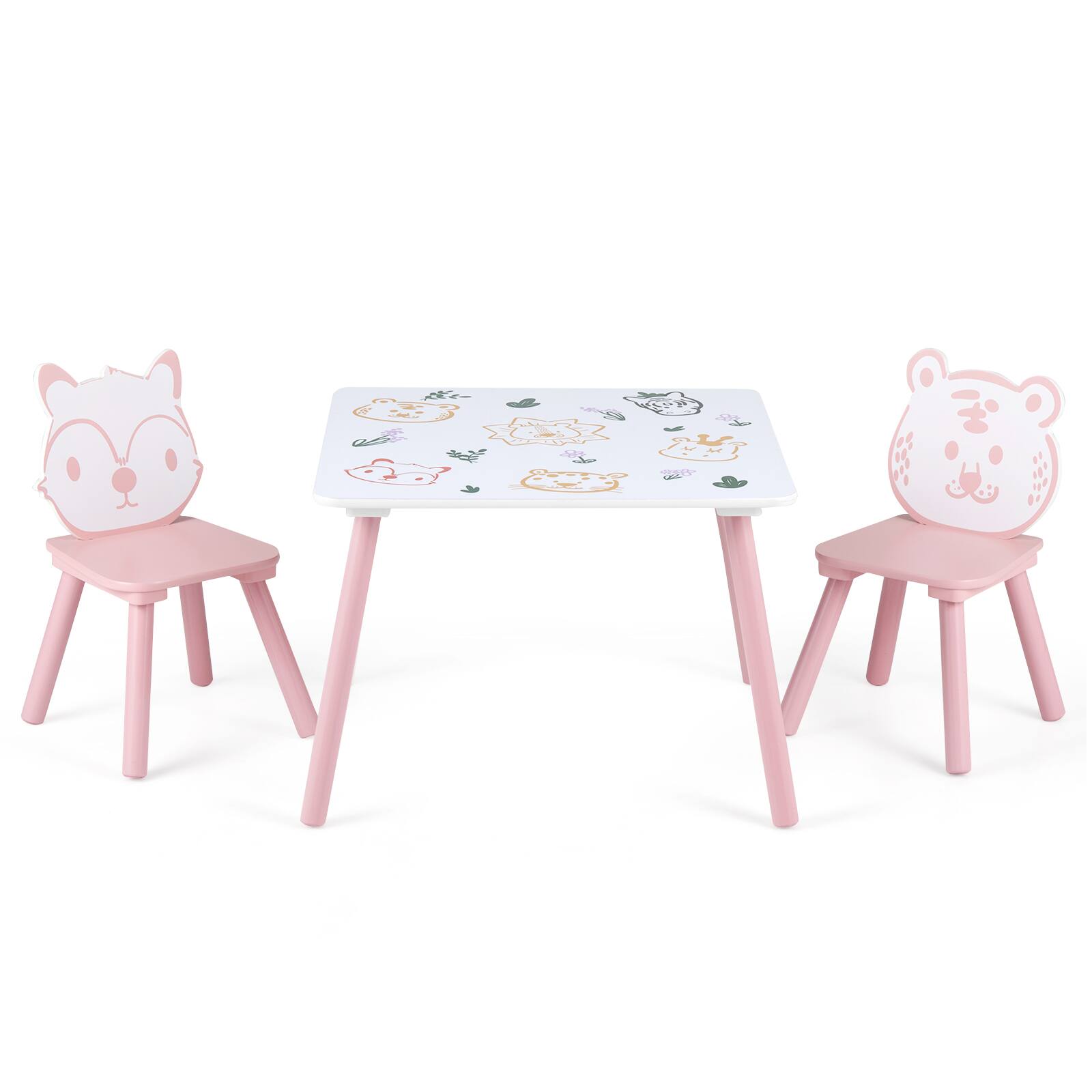 Alt View 9. Costway - Costway 3 Pieces Kids Table and Chairs Set with Animal Patterns, Wood Legs, Rounded Corners - Pink + White.