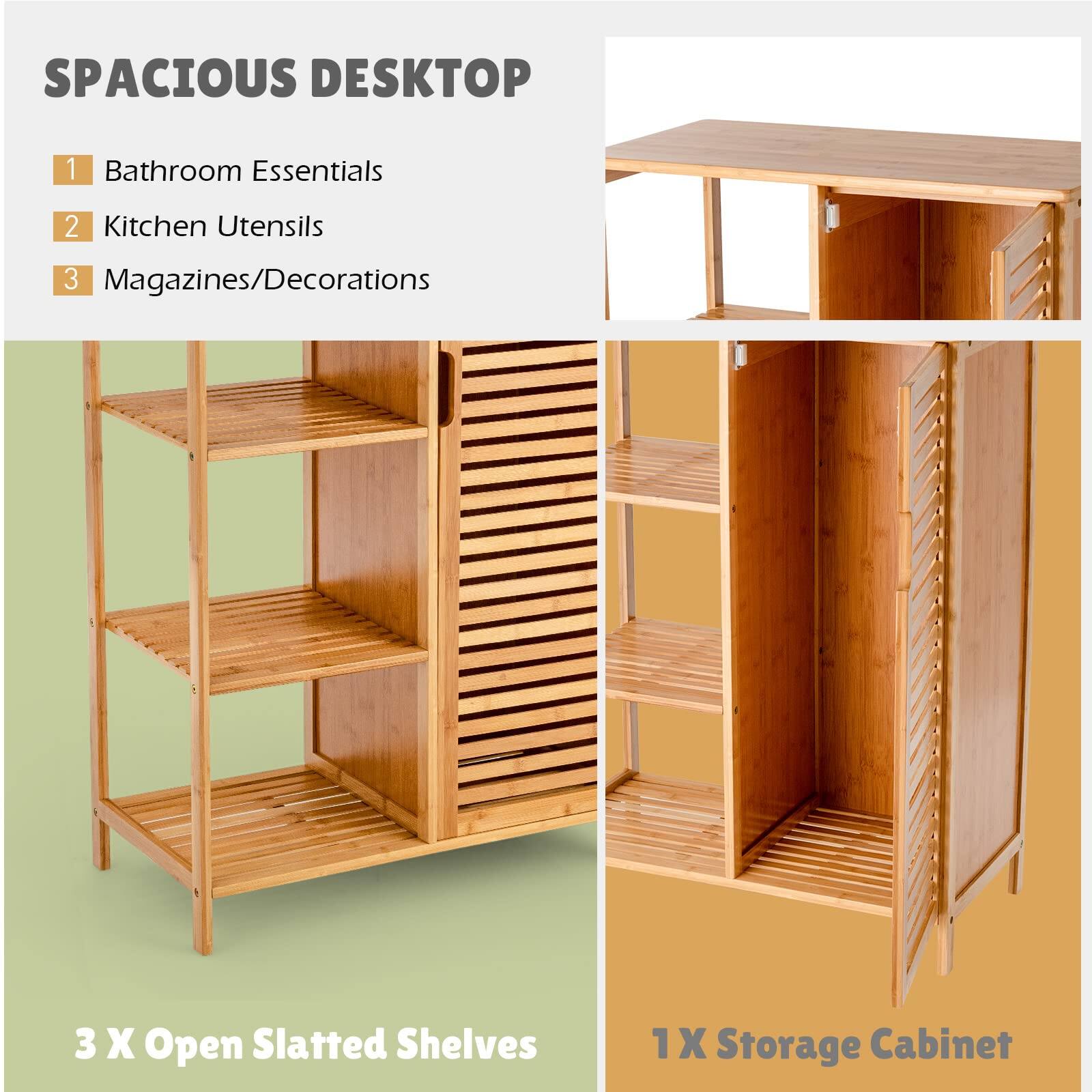 SPACIOUS DESKTOP
1. Bathroom Essentials
2. Kitchen Utensils
3. Magazines/Decorations
3 X Open Slatted Shelves
1 X Storage Cabinet
