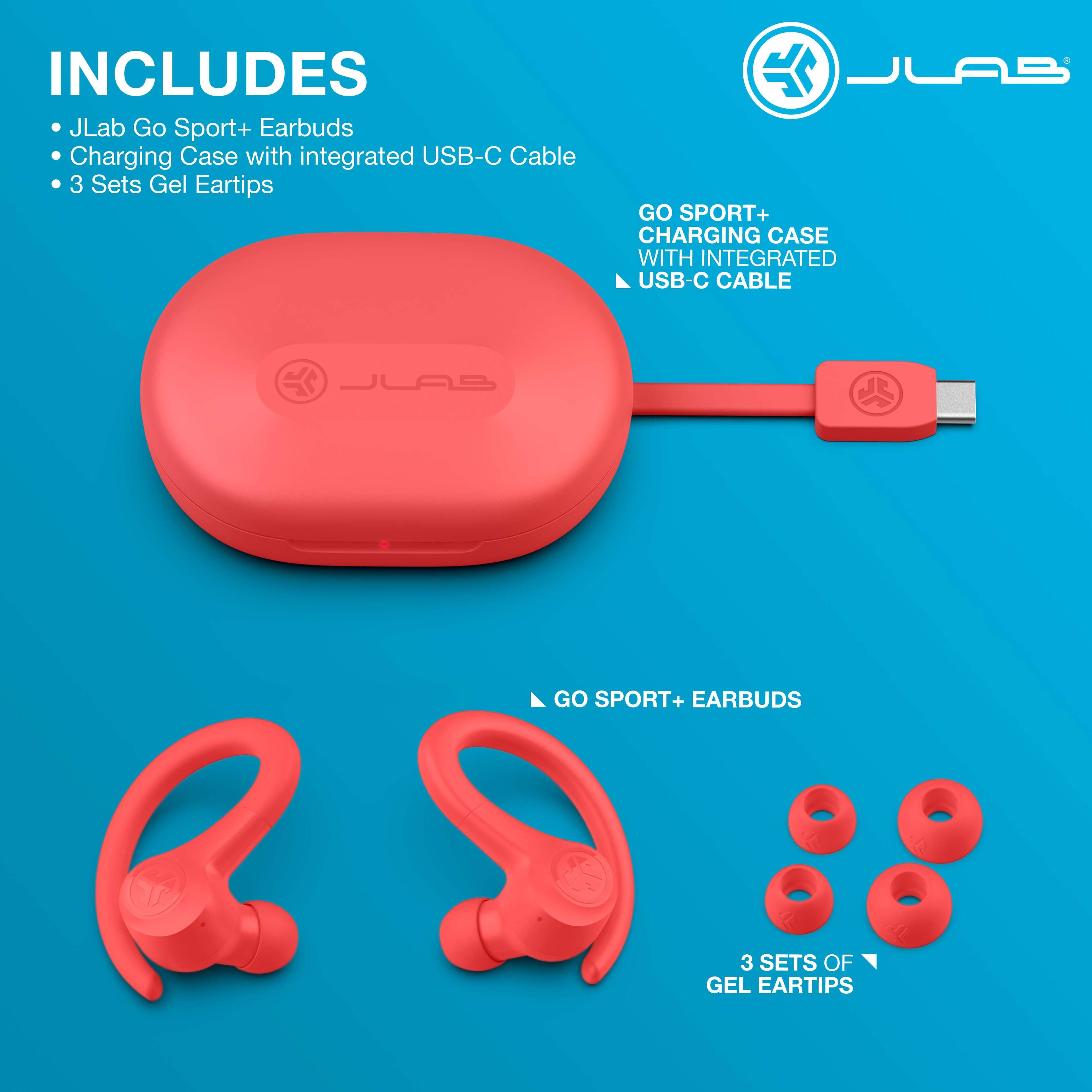 INCLUDES  
- JLab Go Sport+ Earbuds  
- Charging Case with integrated USB-C Cable  
- 3 Sets Gel Eartips  

GO SPORT+ CHARGING CASE WITH INTEGRATED USB-C CABLE  

GO SPORT+ EARBUDDS  

3 SETS OF GEL EARTIPS