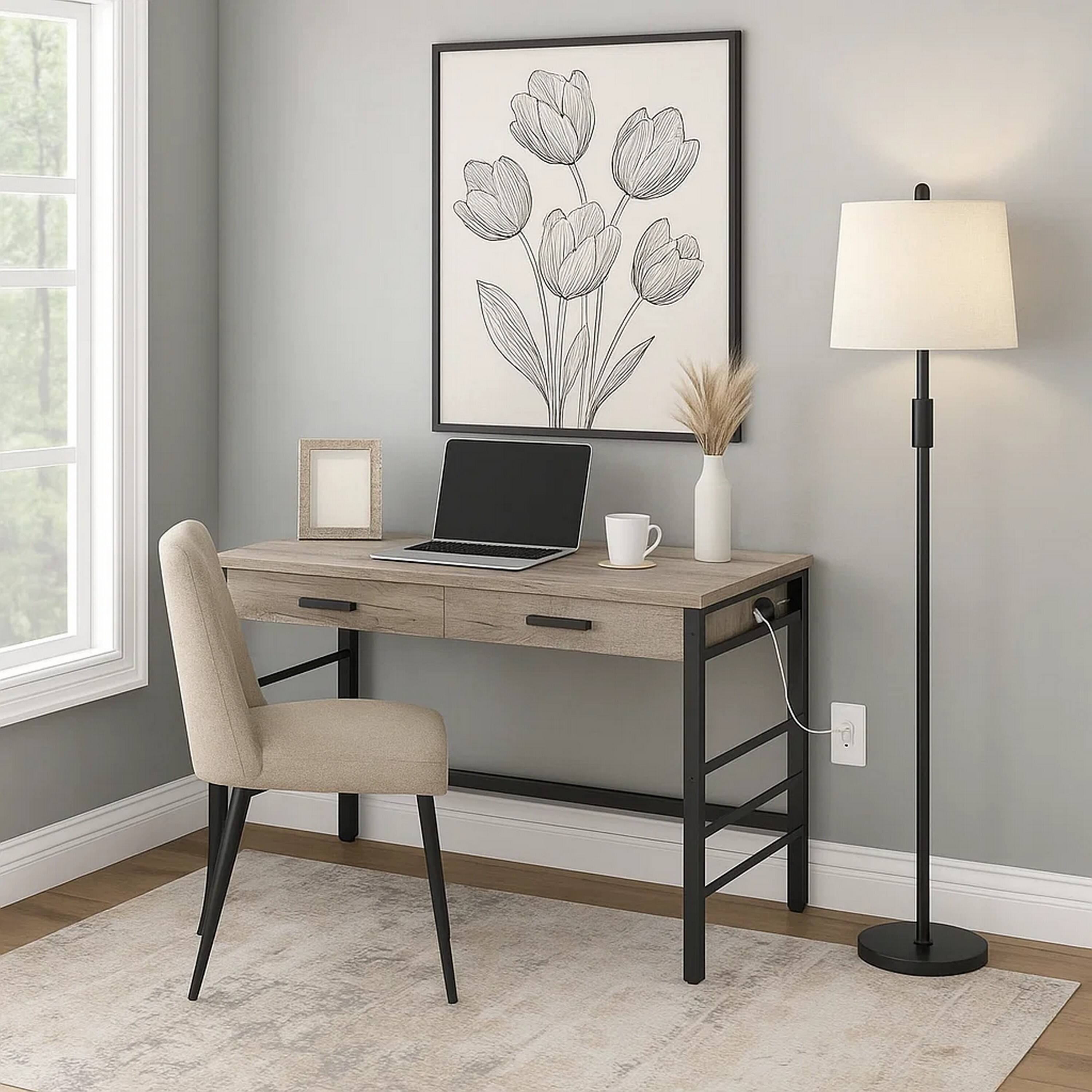 Alt View 2. Manhattan Lane - Built-in USB Port Writing Desk, Light Weathered Oak and Black - Gray, Black.