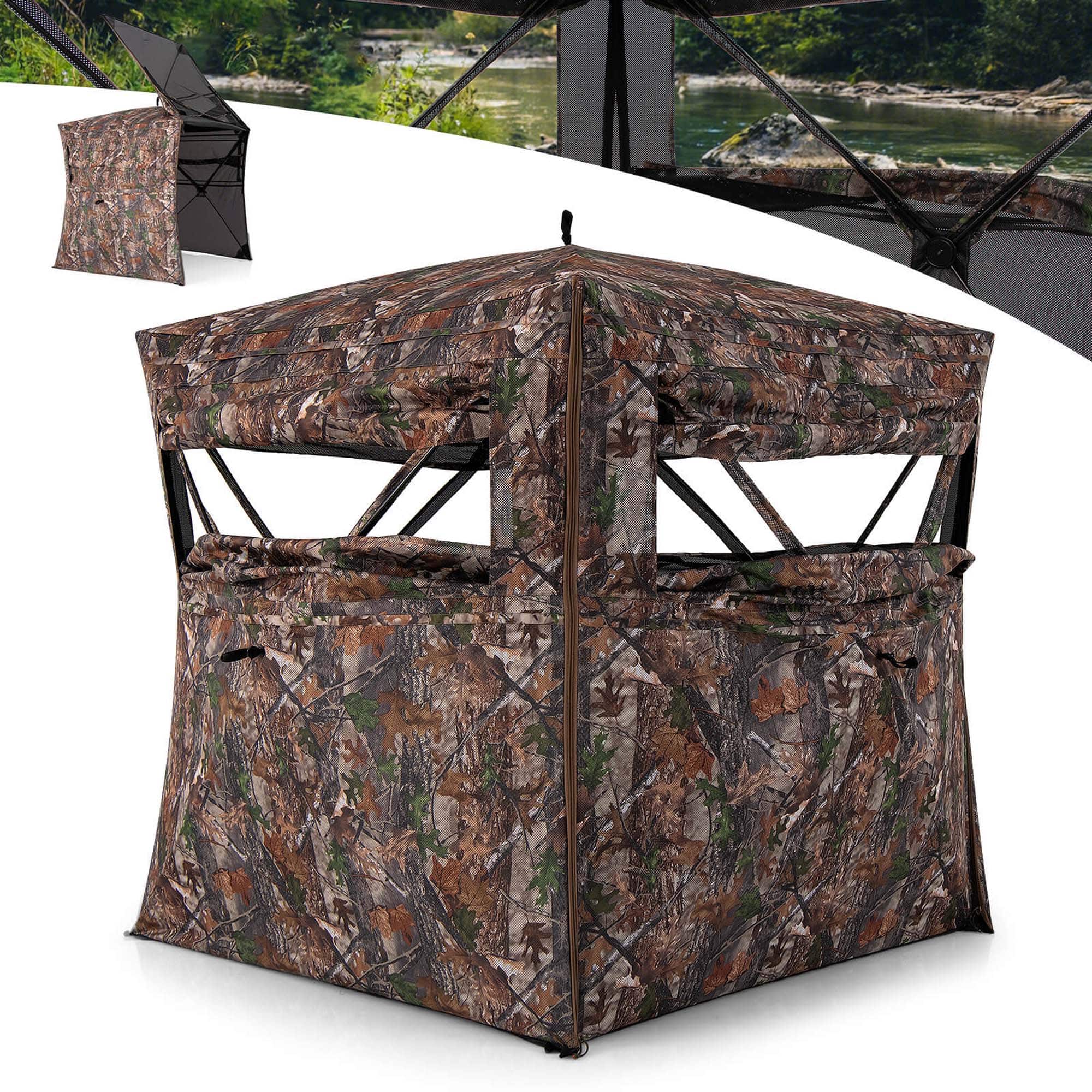 Costway - 360 Degree One-Way See-Through Hunting Blind with Full-Open Door Carrying Bag - Camouflage