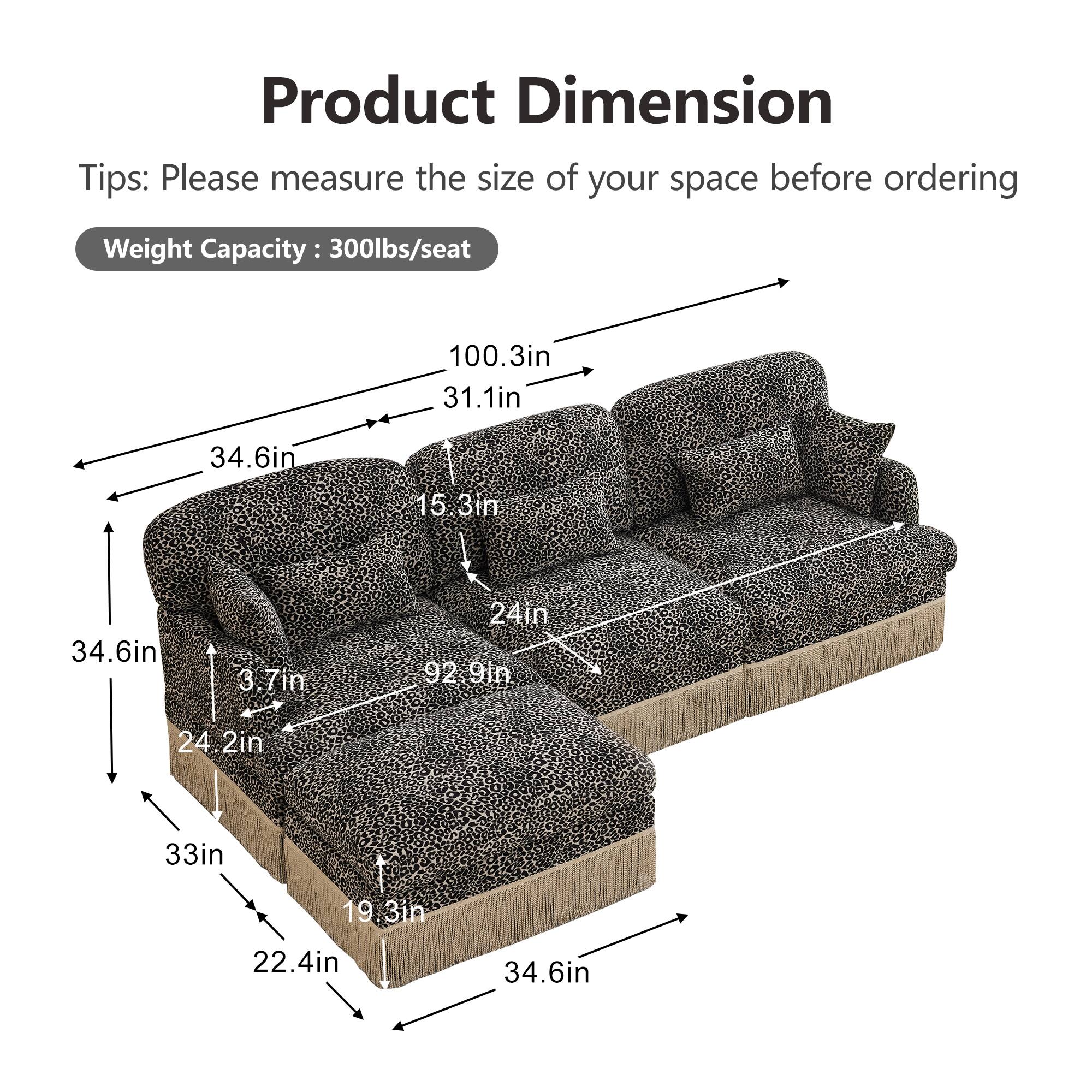 Product Dimension  
Tips: Please measure the size of your space before ordering  
Weight Capacity: 300lbs/seat  

- 100.3in (length)  
- 31.1in (height)  
- 34.6in (depth)  
- 15.3in (seat height)  
- 24in (seat depth)  
- 3.7in (arm height)  
- 92.9in (overall length)  
- 24.2in (overall depth)  
- 33in (overall height)  
- 19.3in (seat width)  
- 22.4in (back height)  
- 34.6in (overall width)