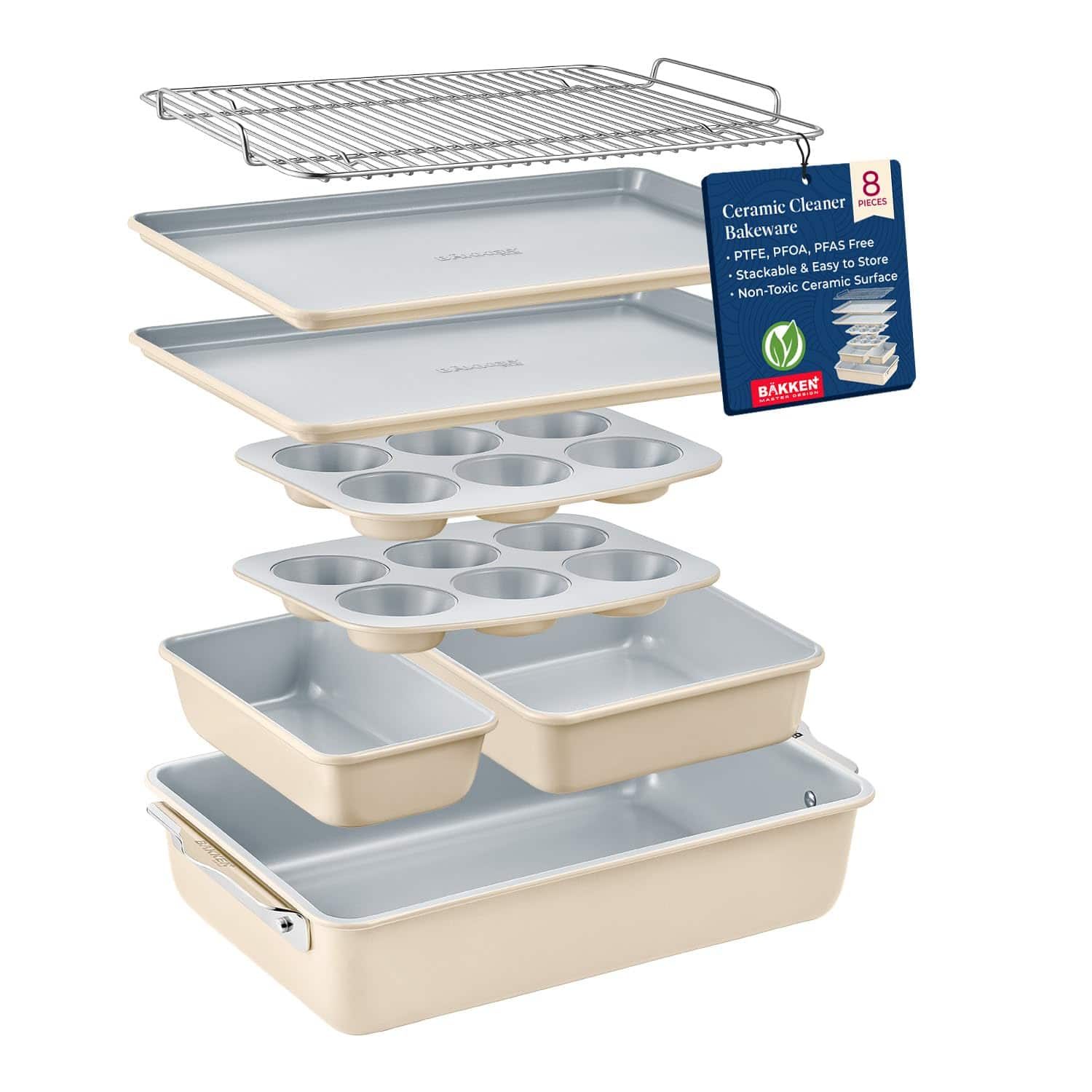 Bakken- Swiss - Bakken 8-Piece Bakeware Set – Non-Toxic Ceramic, PTFE/PFOA Free, Stackable, Oven Safe, Rack, Easy-Grip Handles - Cream