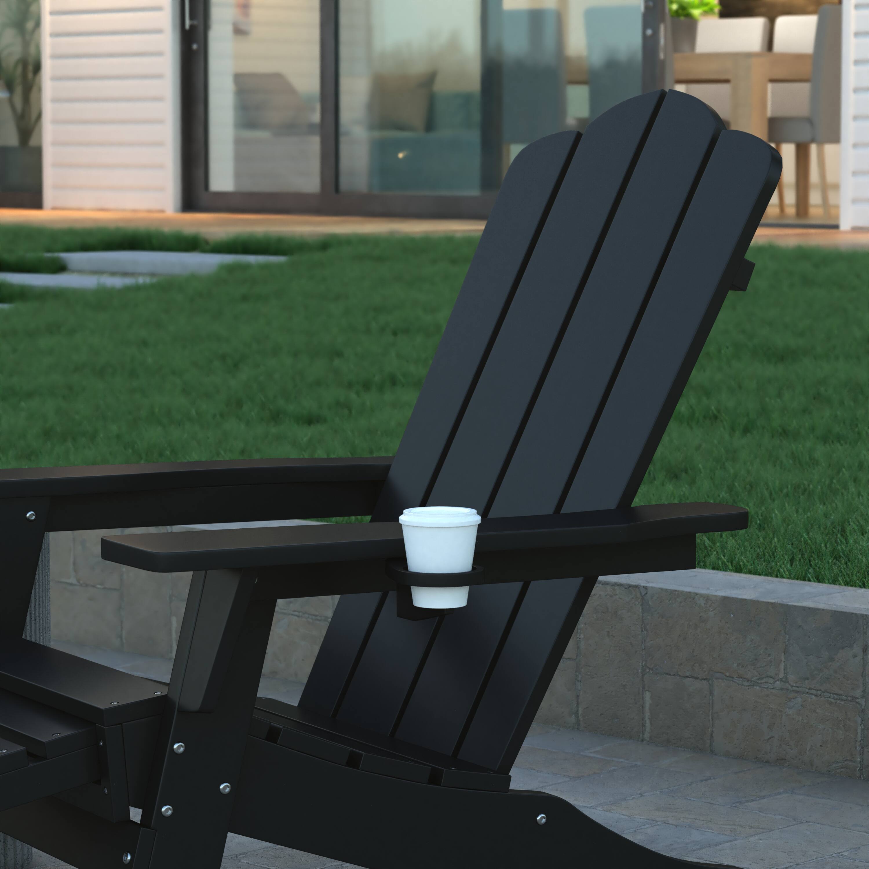 Alt View 5. Emma + Oliver - Haley Set of 2 Adirondack Chairs with Cup Holders and Pull Out Ottoman, All-Weather HDPE Indoor/Outdoor Lounge Chairs - Black.