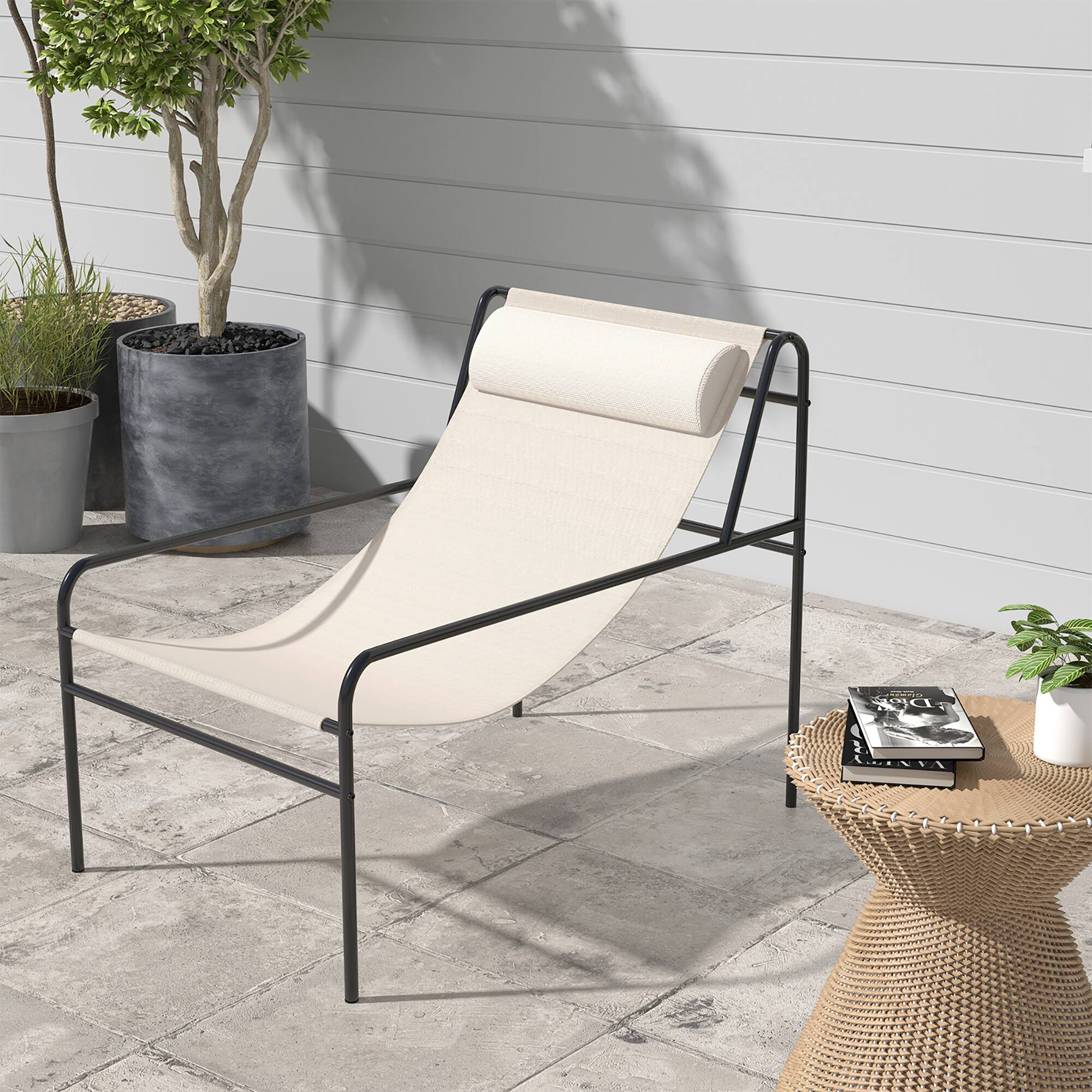 Gymax - Patio Sling Chair Modern Accent Chair w/ Removable Headrest & Sturdy Metal Frame - Beige