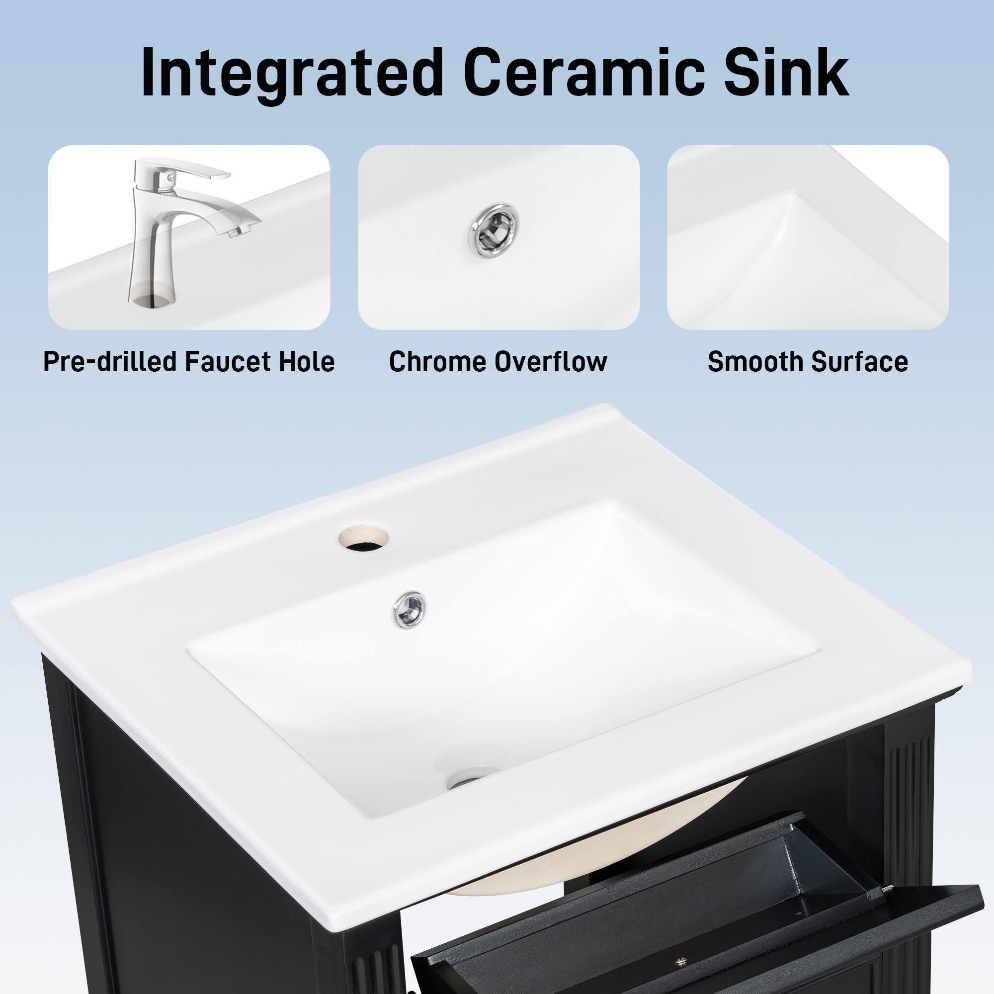 Integrated Ceramic Sink

- Pre-drilled Faucet Hole
- Chrome Overflow
- Smooth Surface