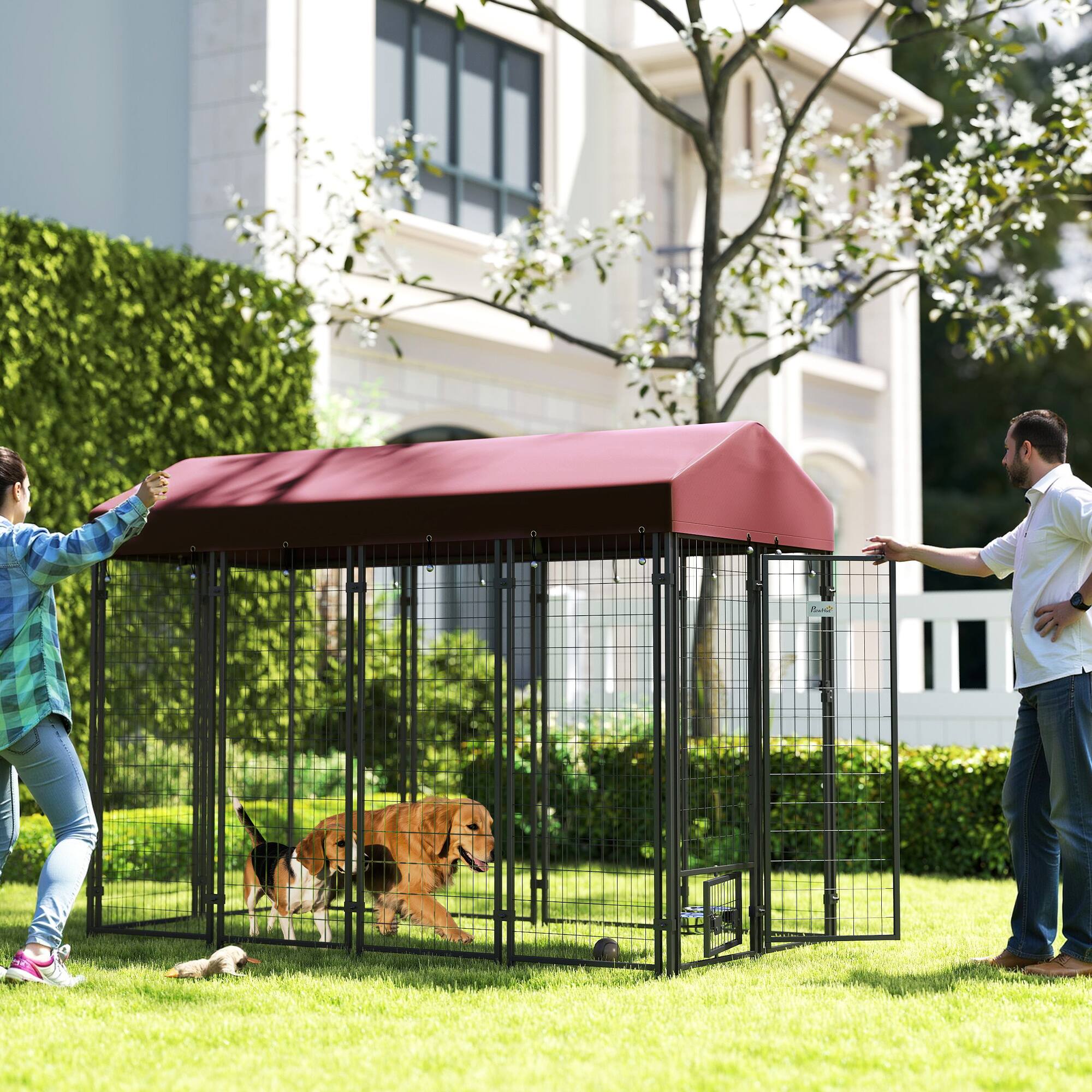 Alt View 1. Pawhut - Dog Kennel with Rotating Bowl Holders, Walk-in Pet Playpen with Waterproof Cover - Red.