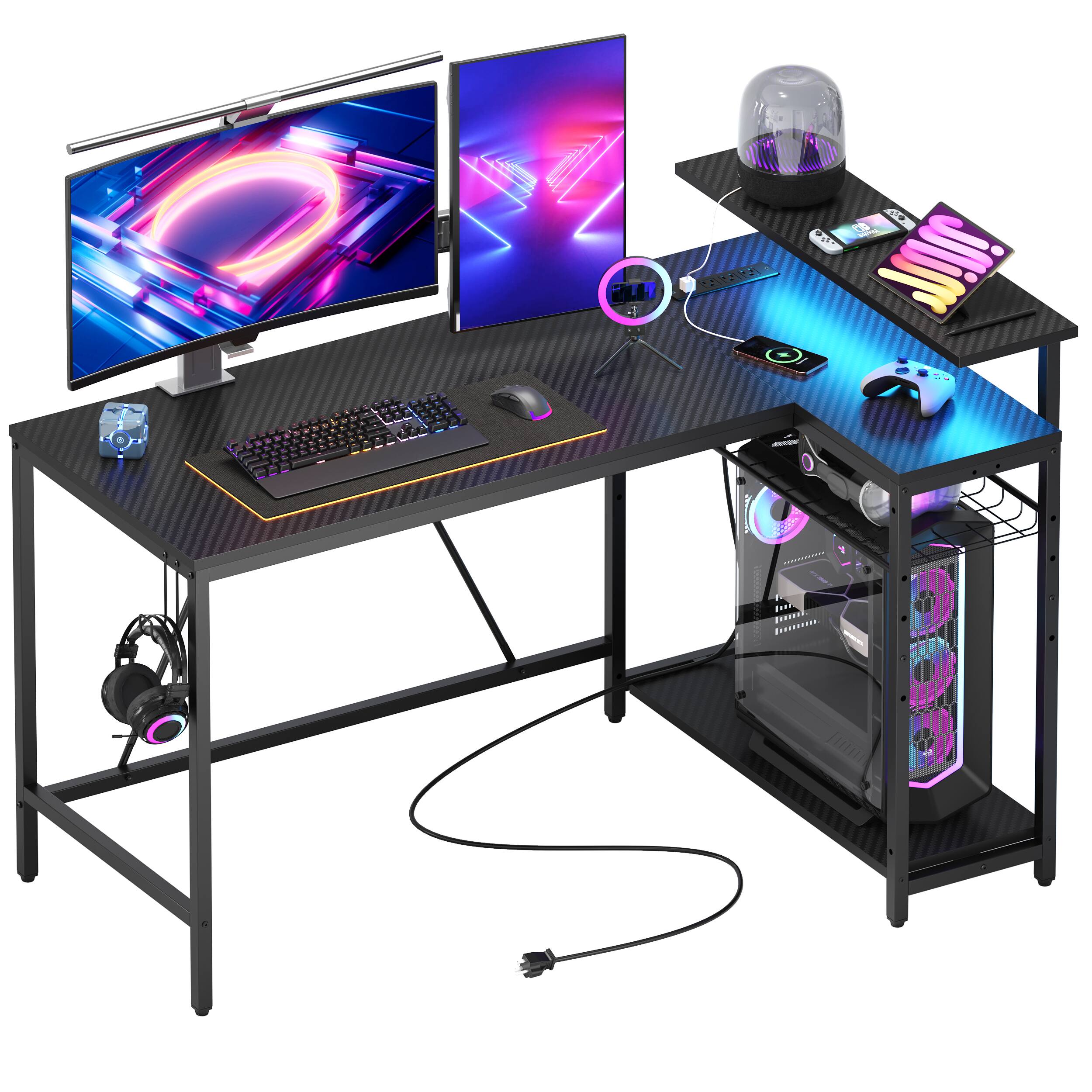 Alt View 16. Bestier - L-Shaped Computer Gaming Desk with LED Lights, Power Strip, Monitor Stand, Charging Station & Adjustable Storage - 52" Black Carbon Fiber.