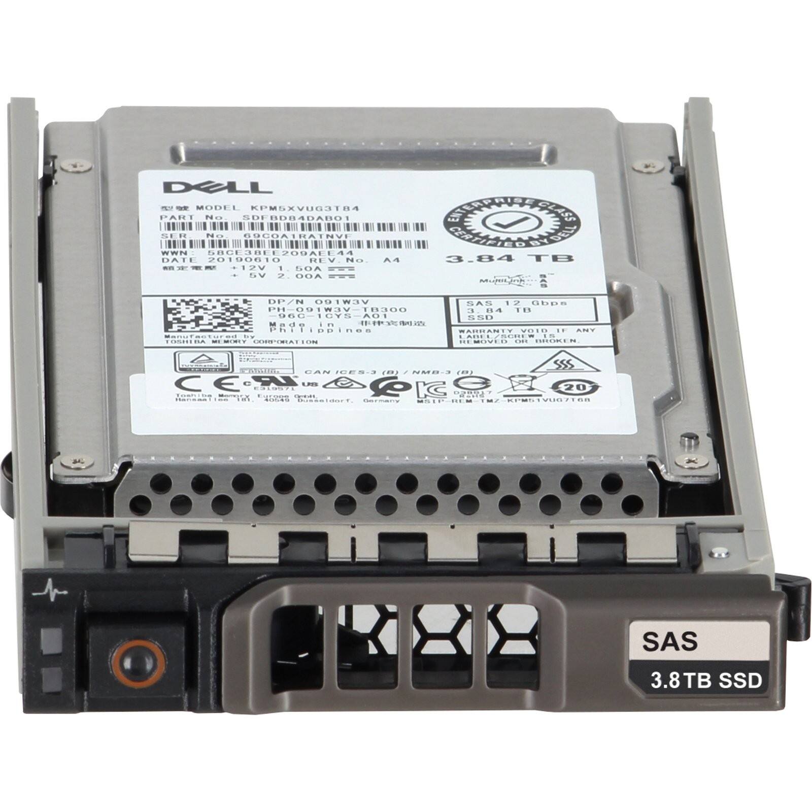 DELL  
MODEL KPM5XVUG3T84  
PART No SDFBDRADABO  
SER No 6COOA1RATNVF  
DATE 20190810  
REV No A4  
12V 2.50A  
CLASS Mon 3.84 TB  
DP/N 09IW3V  
PH-00IW3V  
TR300  
Made in Germany  
SAS 12 Gb/s  
3.84 TB SSD  
SAS  
3.8TB SSD