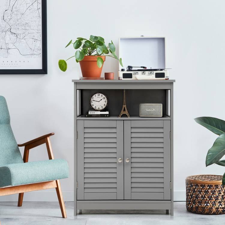 Back. Hivvago - Grey Farmhouse Bathroom Linen Cabinet with Louvered Doors and Open Shelf - Grey.