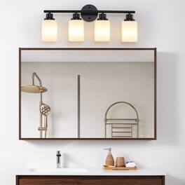 LUCKY ONE - 24in Wall Mount Vanity Light, 4-Light Iron Sconce with Frosted White Glass Shades - Black