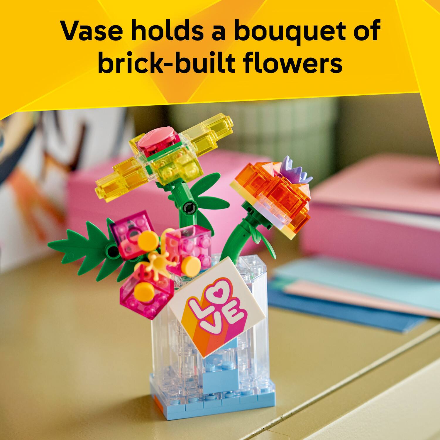 Vase holds a bouquet of brick-built flowers