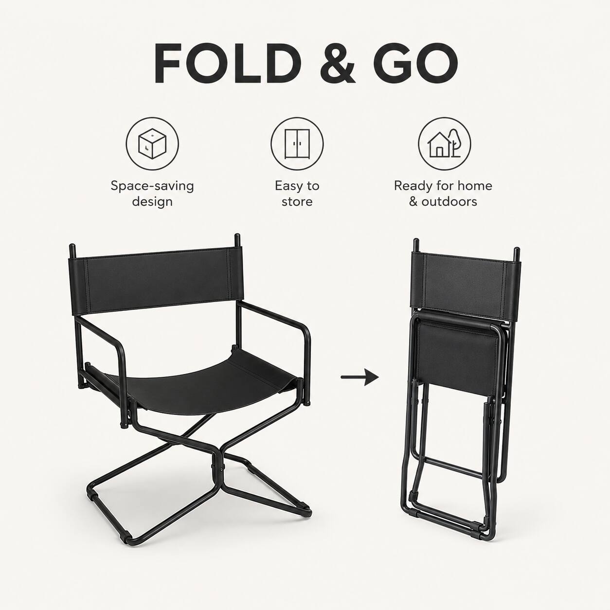 FOLD & GO  
Space-saving design  
Easy to store  
Ready for home & outdoors