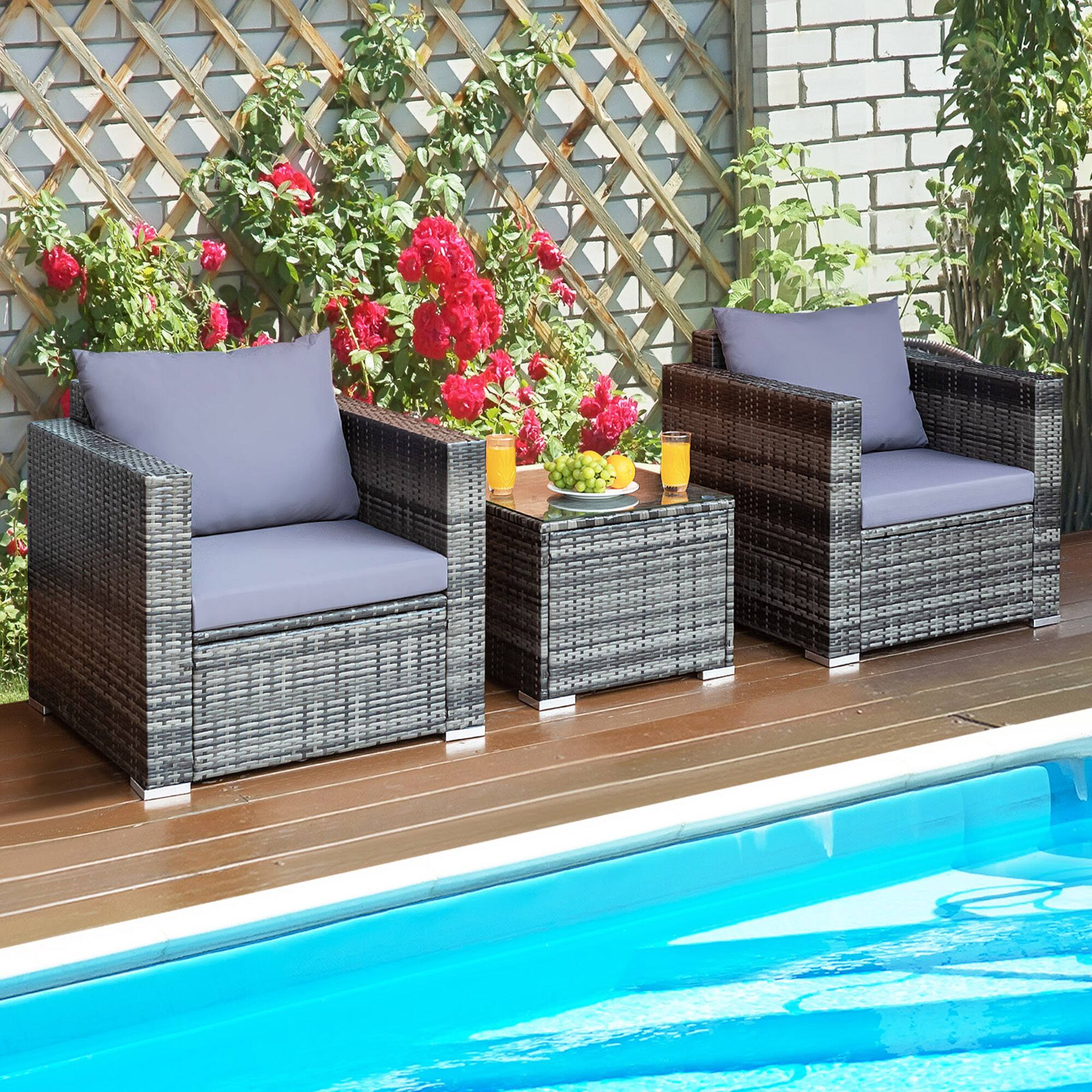 Alt View 5. Gymax - Gymax 3PCS Rattan Patio Conversation Set Outdoor Furniture Set w/ Table Cushion - Grey.