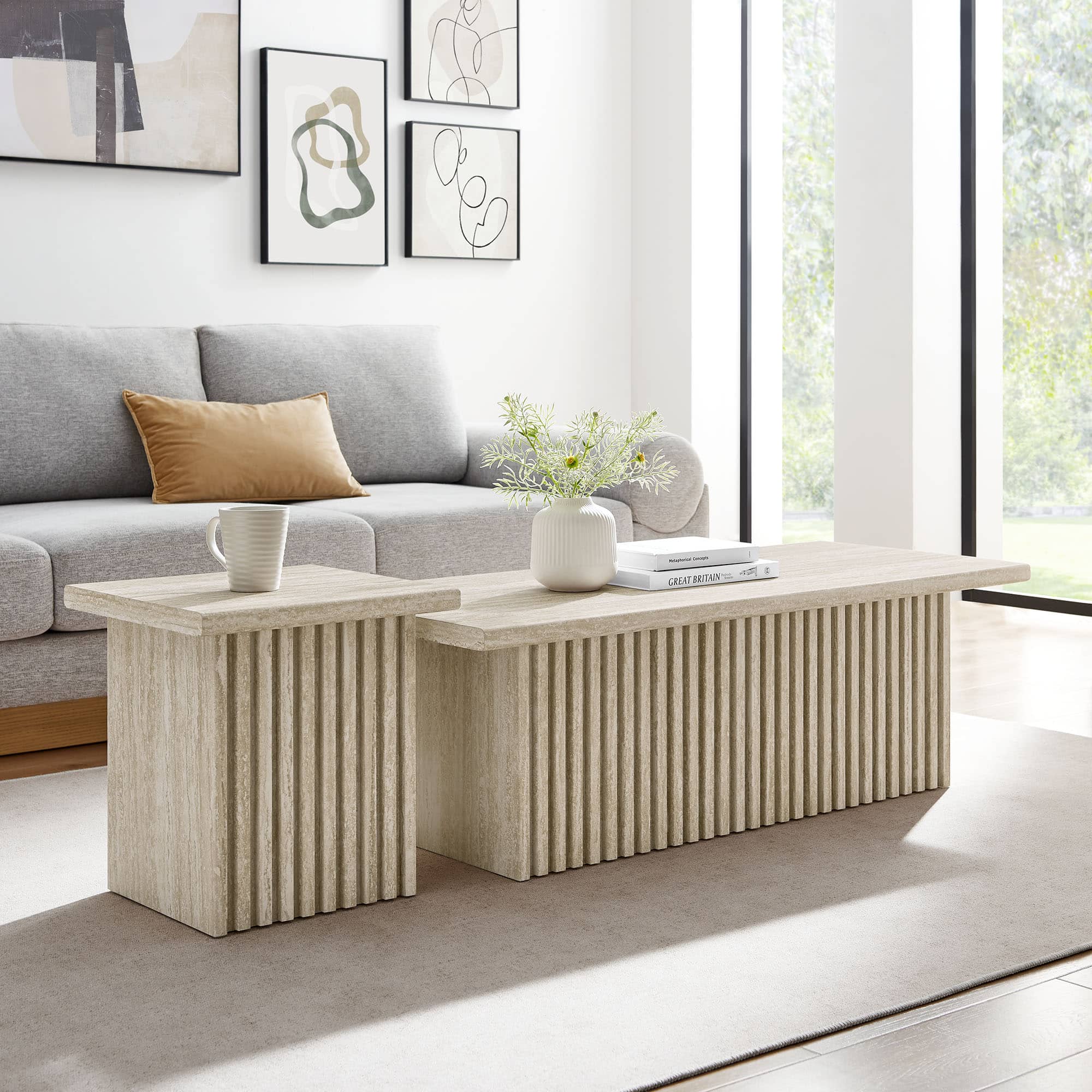 Render Nesting Coffee Tables Set of 2 by Modway - Travertine