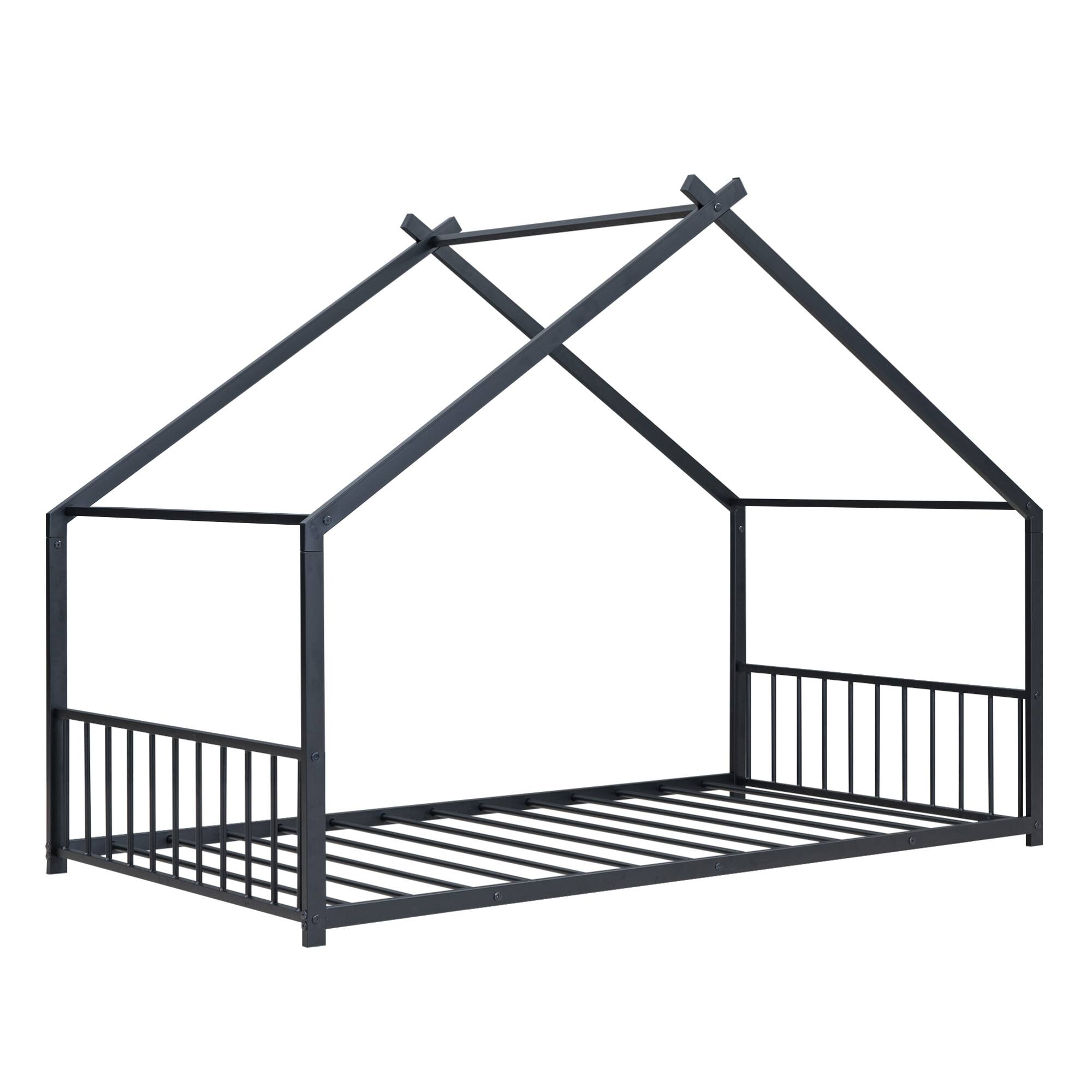 Alt View 1. GOODSILO - Twin Size Metal House Frame Bed with Playful Roof Design for Children's Bedroom and Play Area - Black.