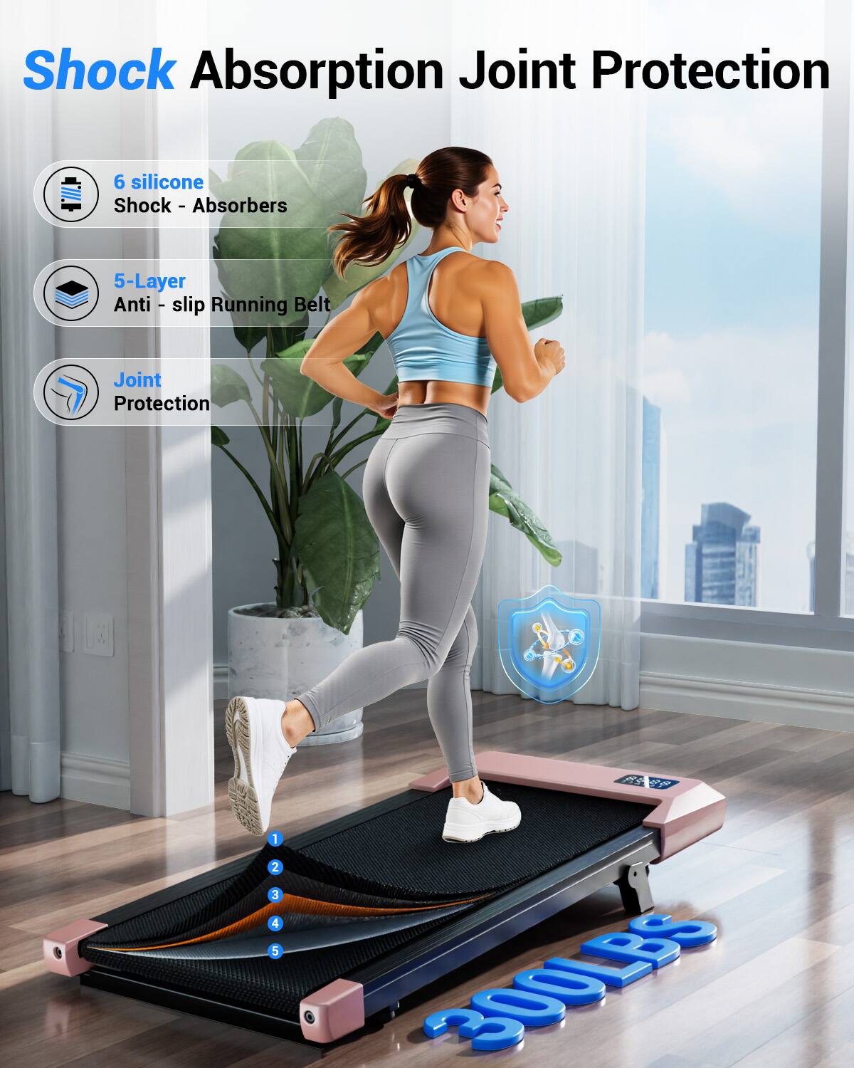 Shock Absorption Joint Protection

- 6 silicone Shock - Absorbers
- 5-Layer Anti - slip Running Belt
- Joint Protection