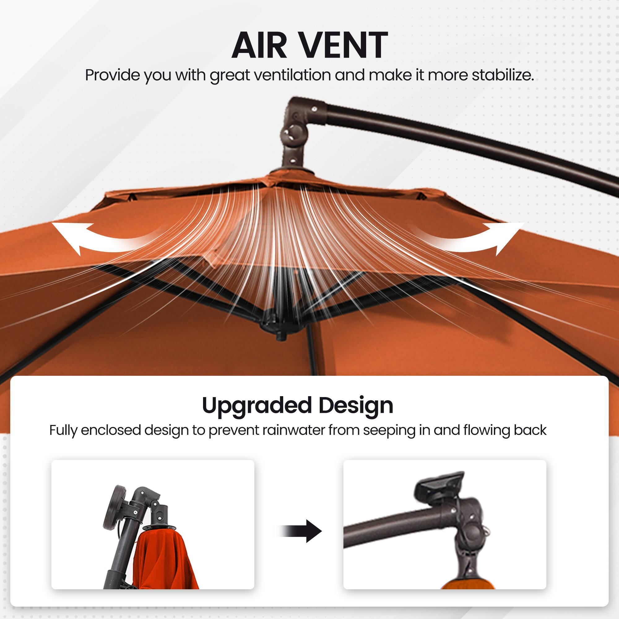 AIR VENT  
Provide you with great ventilation and make it more stabilize.  

Upgraded Design  
Fully enclosed design to prevent rainwater from seeping in and flowing back.