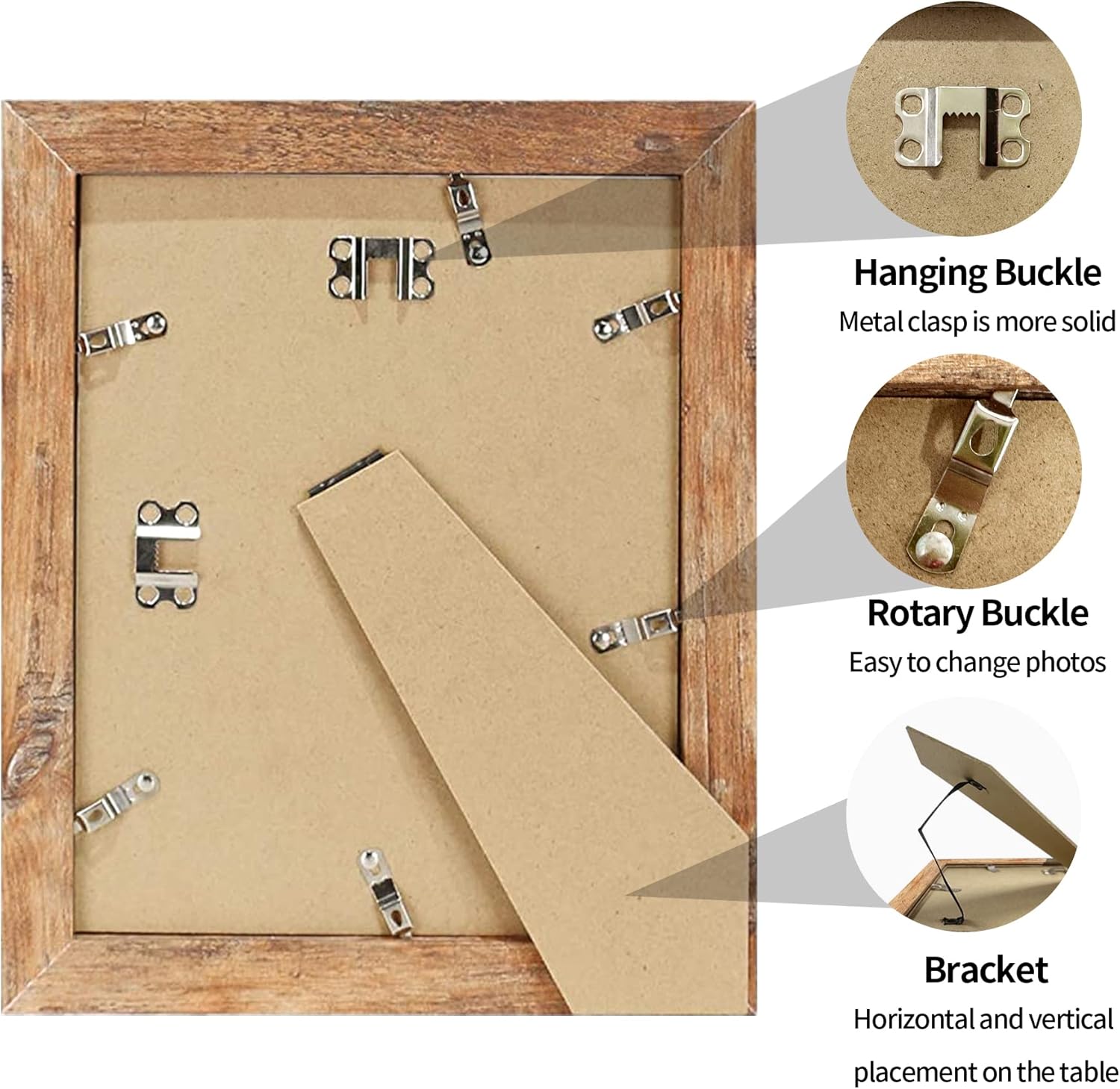 - Hanging Buckle: Metal clasp is more solid
- Rotary Buckle: Easy to change photos
- Bracket: Horizontal and vertical placement on the table