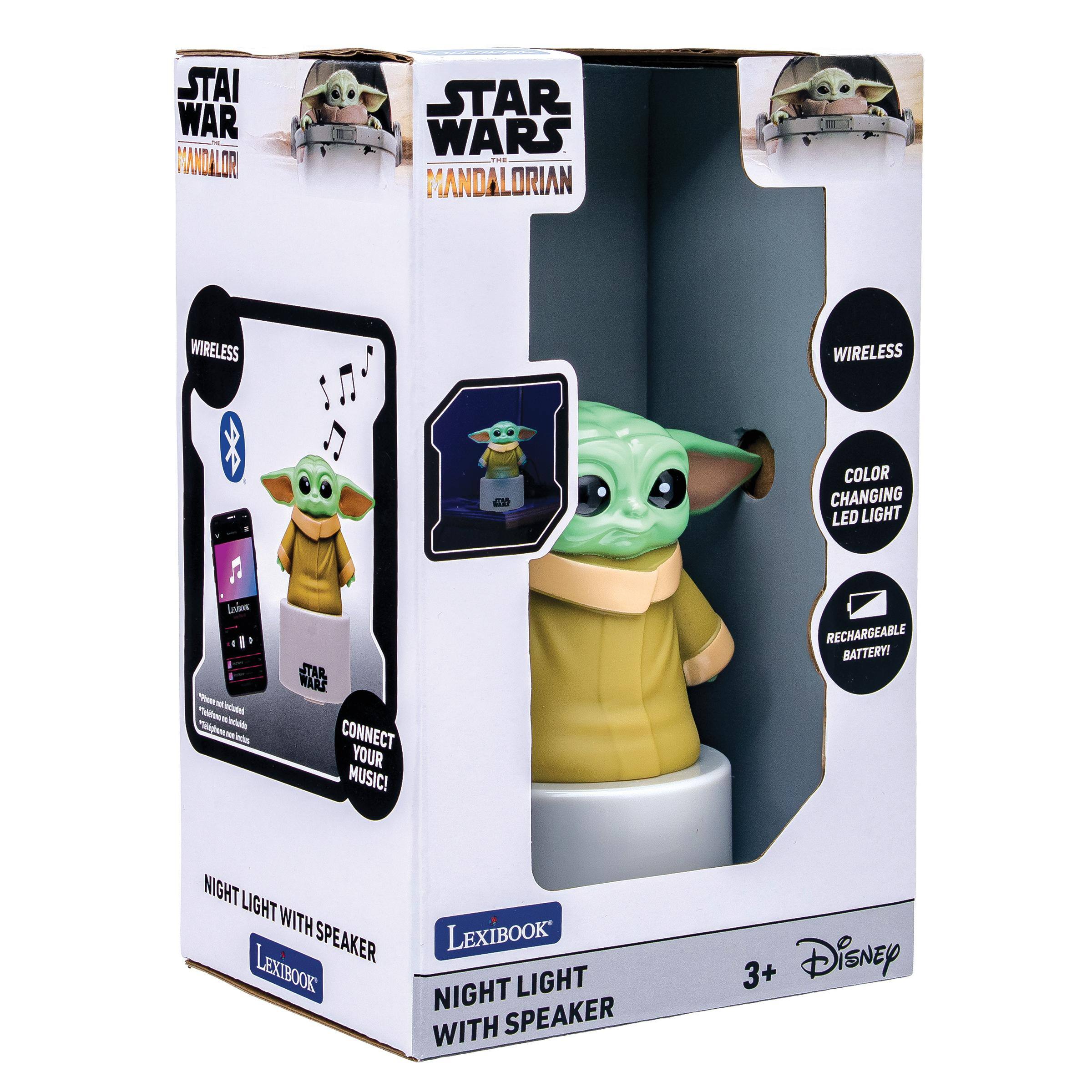 STAR WARS THE MANDALORIAN  
WIRELESS  
WIRELESS  
COLOR CHANGING LED LIGHT  
loins acaded  
WARS STAR CONNECT YOUR MUSIC!  
RECHARGEABLE BATTERY!  
NIGHT LIGHT WITH SPEAKER LEXIBOOK LEXIBOOK NIGHT LIGHT WITH SPEAKER  
3+ Disney