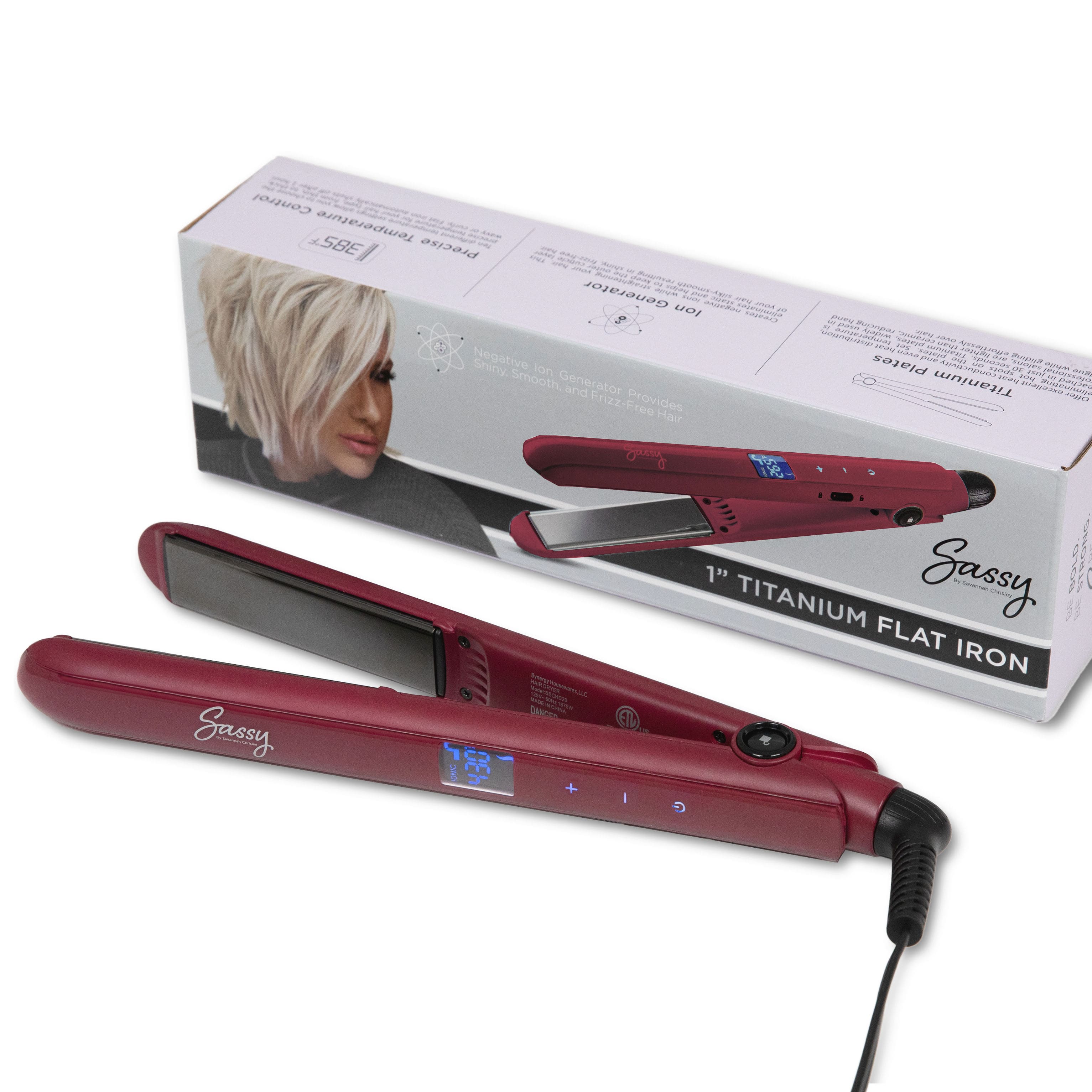 Sassy - 1” Titanium Flat Iron, Adjustable Heat Hair Straightener with Ion Generator - Red