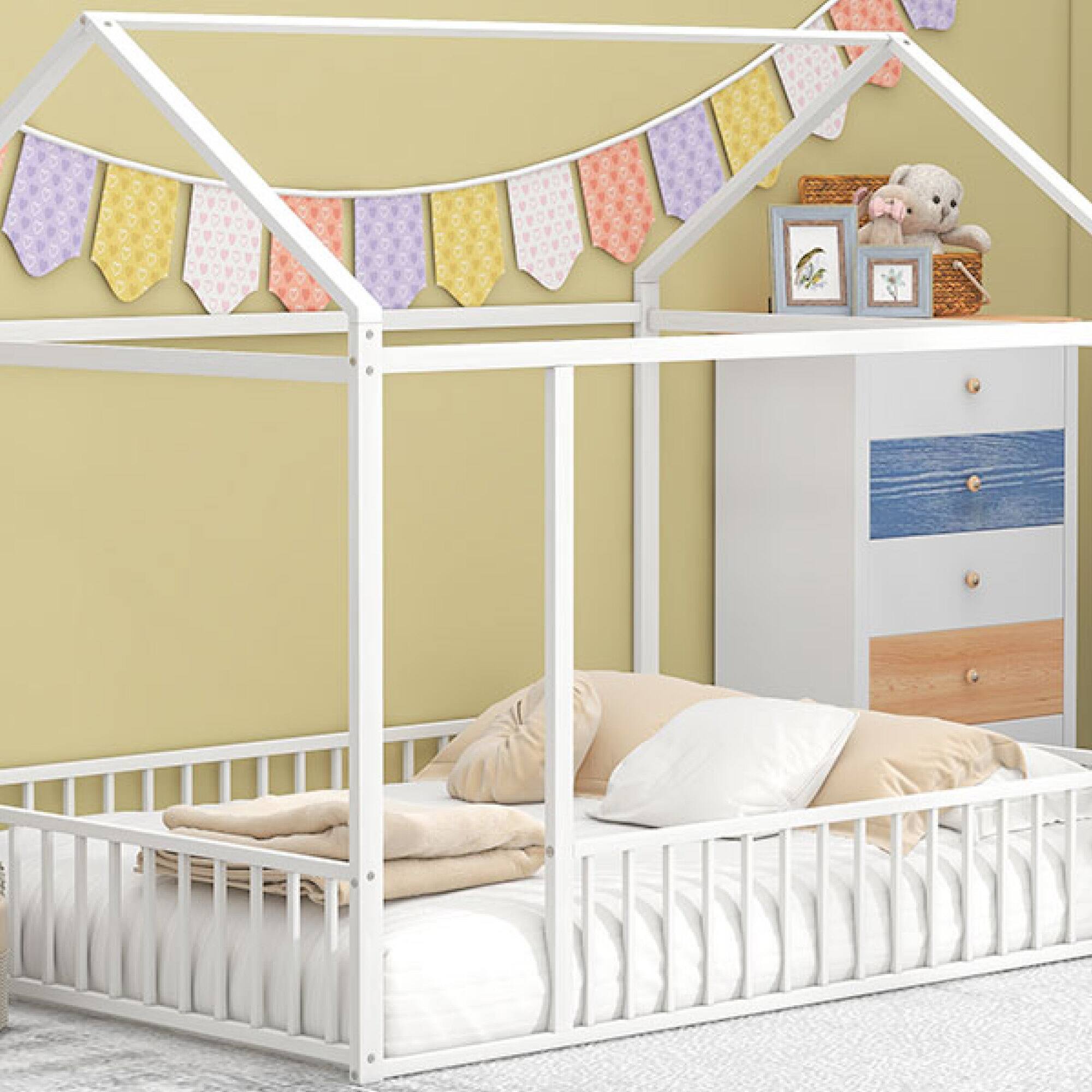 Left. GOODSILO - Full Size Metal House Bed Frame with Playhouse Design for Kids and Teens - White.