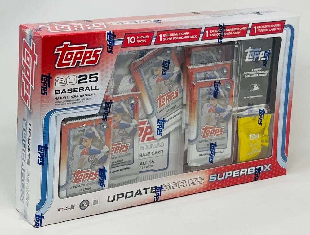 Topps 2025 Baseball - Major League Baseball

- 10 Packs
- 14-Card Packs
- 1 Exclusive 5-Card Silver Foilboard Pack
- 1 Oversized Card
- 1 Exclusive Enamel Trading Card Pin
- 1 Anion Card
- 14 Cards All Base Series
- 16 Card Base Cards
- Superbox Update Series