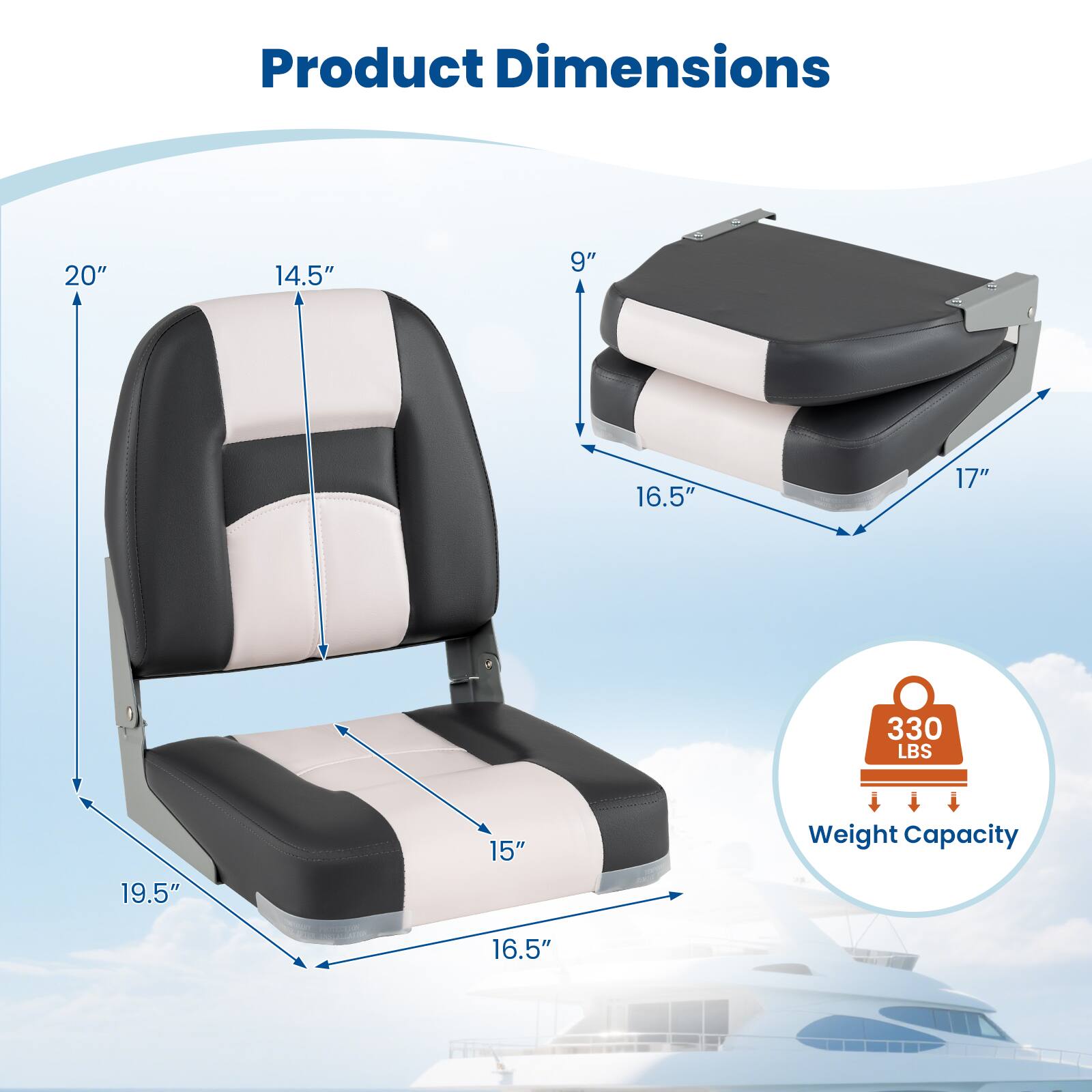 Product Dimensions: 20" x 14.5" x 9" x 16.5" x 17" x 19.5" x 15"  
Weight Capacity: 330 LBS