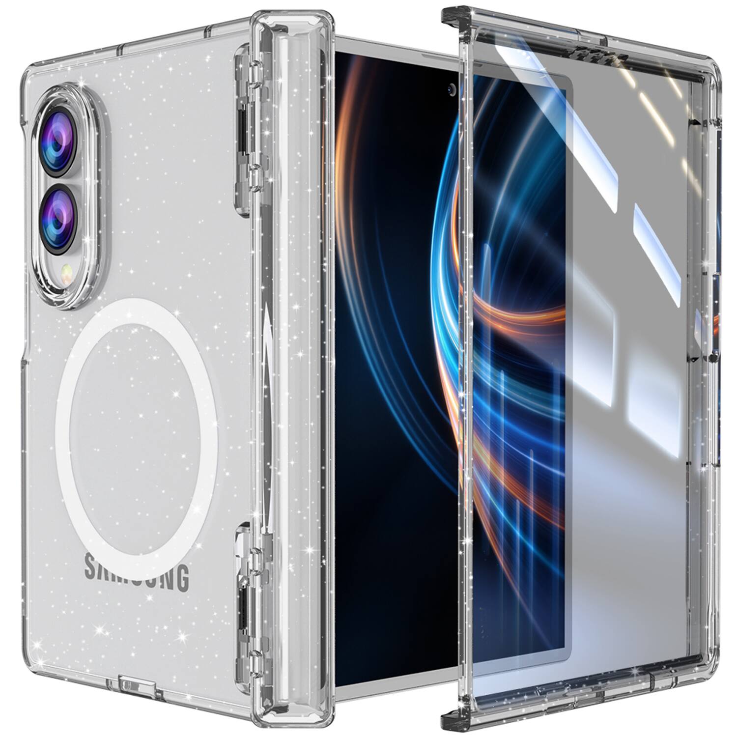 Dteck - for Samsung Galaxy Z Fold8 Magnetic Clear Case with PET Screen Protector,Hinge Protection Shockproof Hard PC Cover - Glitter