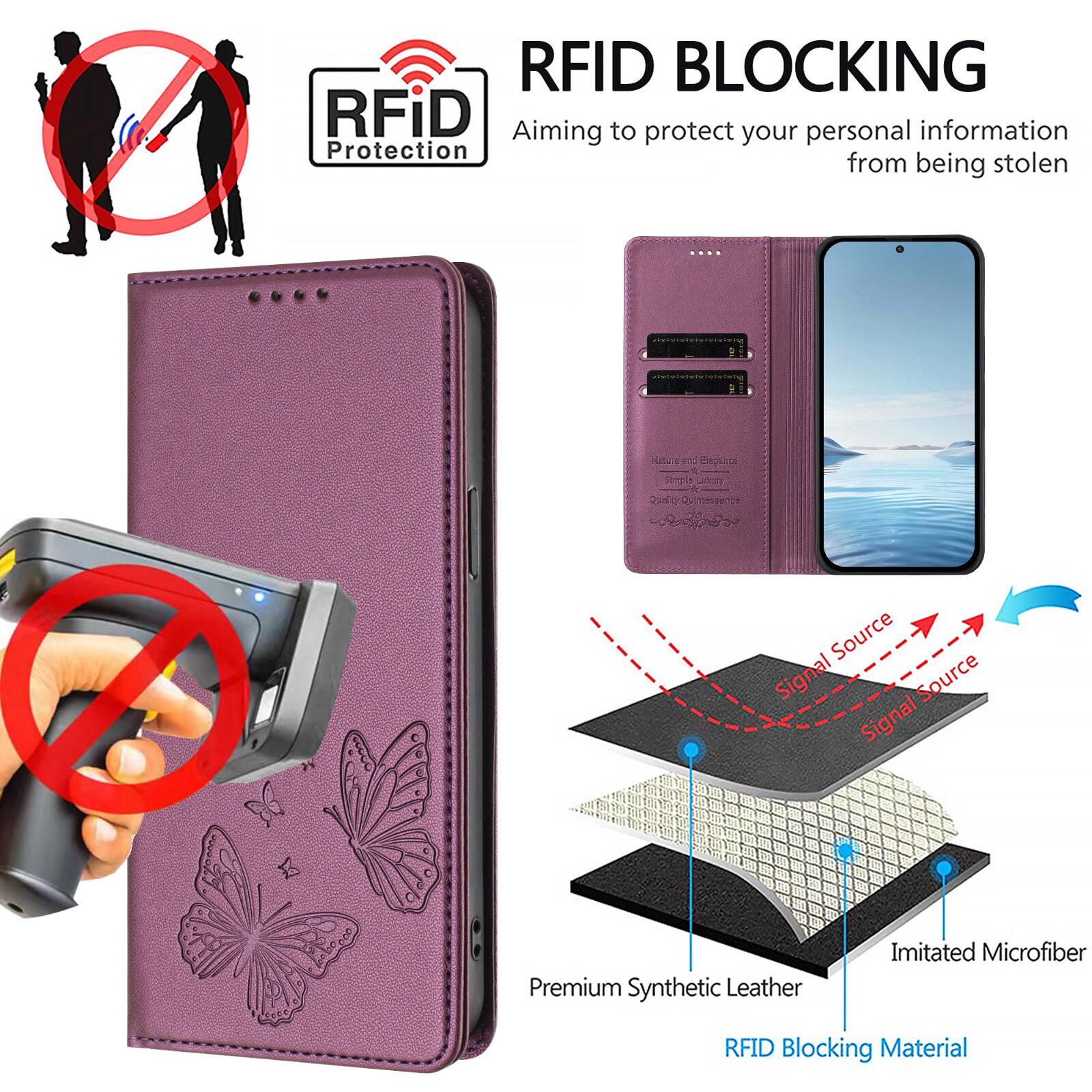 RFID BLOCKING  
Aiming to protect your personal information from being stolen  

RFID Protection  

Premium Synthetic Leather  
Imitated Microfiber  
RFID Blocking Material  

Signal Source  
Signal Source