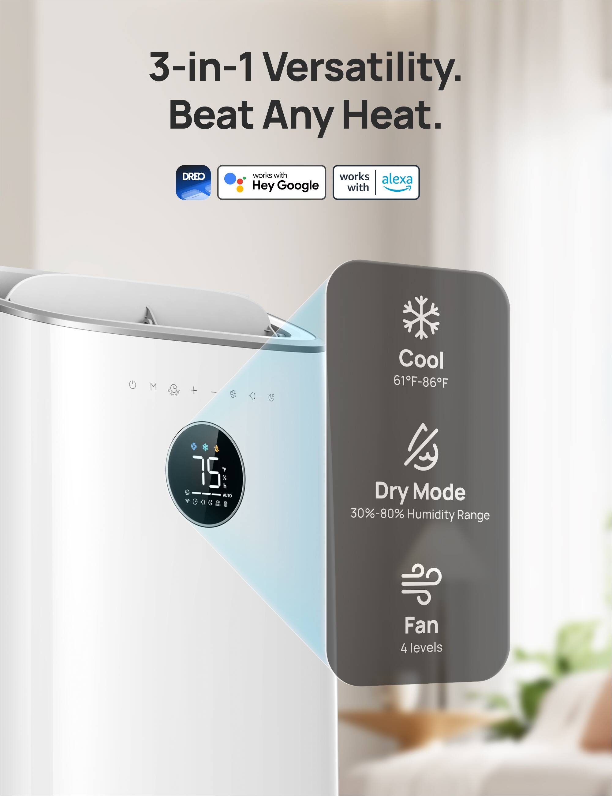 The text on the image reads: "3-in-1 Versatility. Beat Any Heat. DREO works with Alexa & Google. M + I C Cool 61F-86F 75% 3 Auto 5 Dry Mode 30%-80% Humidity Range Fan 4 levels."