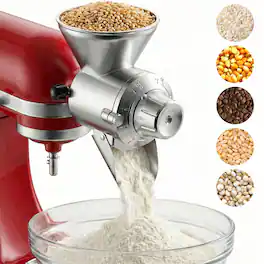 Gvode - Grain Mill Attachment, Compatible with KitchenAid®, All metal, 9 Grind Levels, Grains/ Cereals - Silver