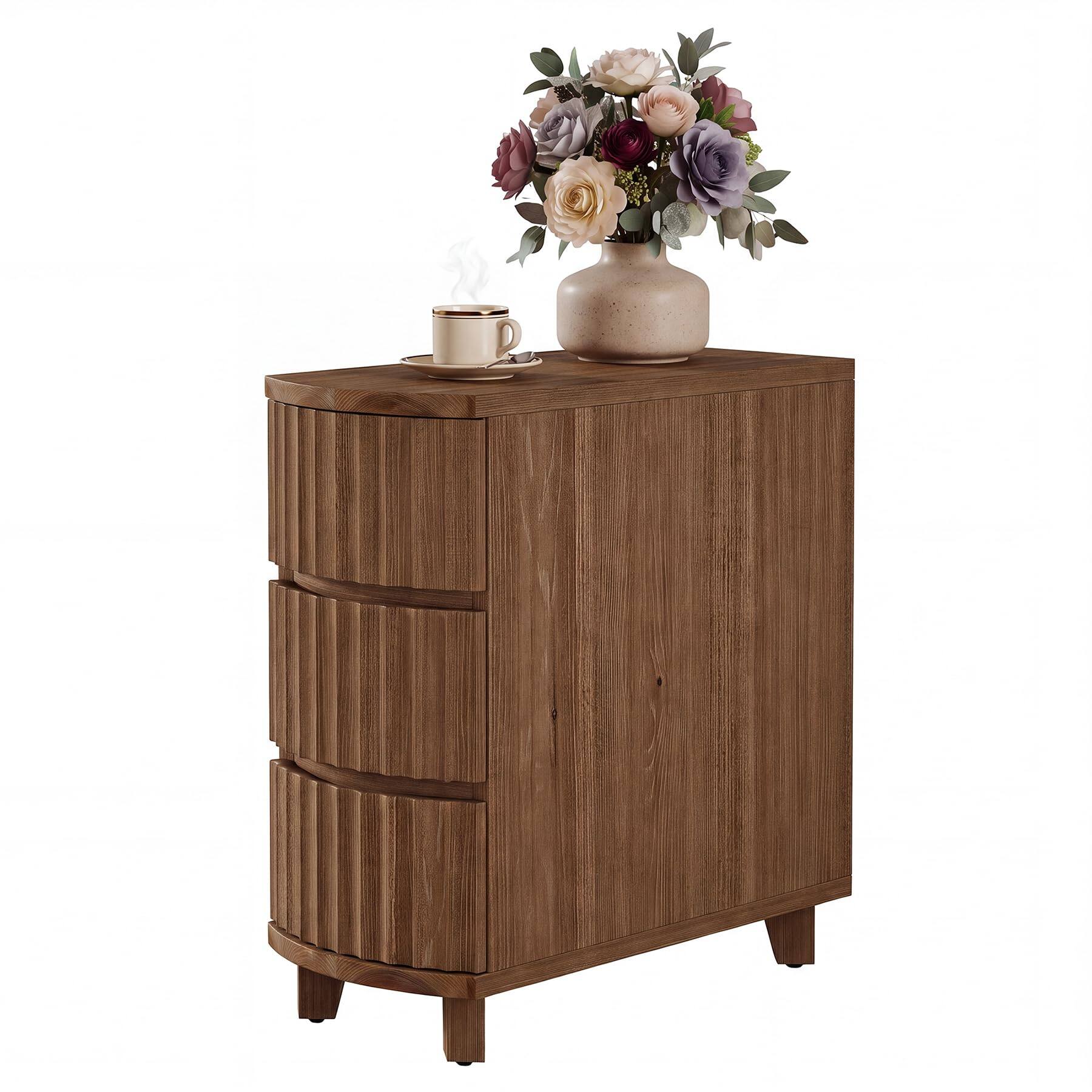 Alt View 5. Tribesigns - Solid Wood End Table, 3-Drawer Narrow Side Table, Curved Design - Brown.