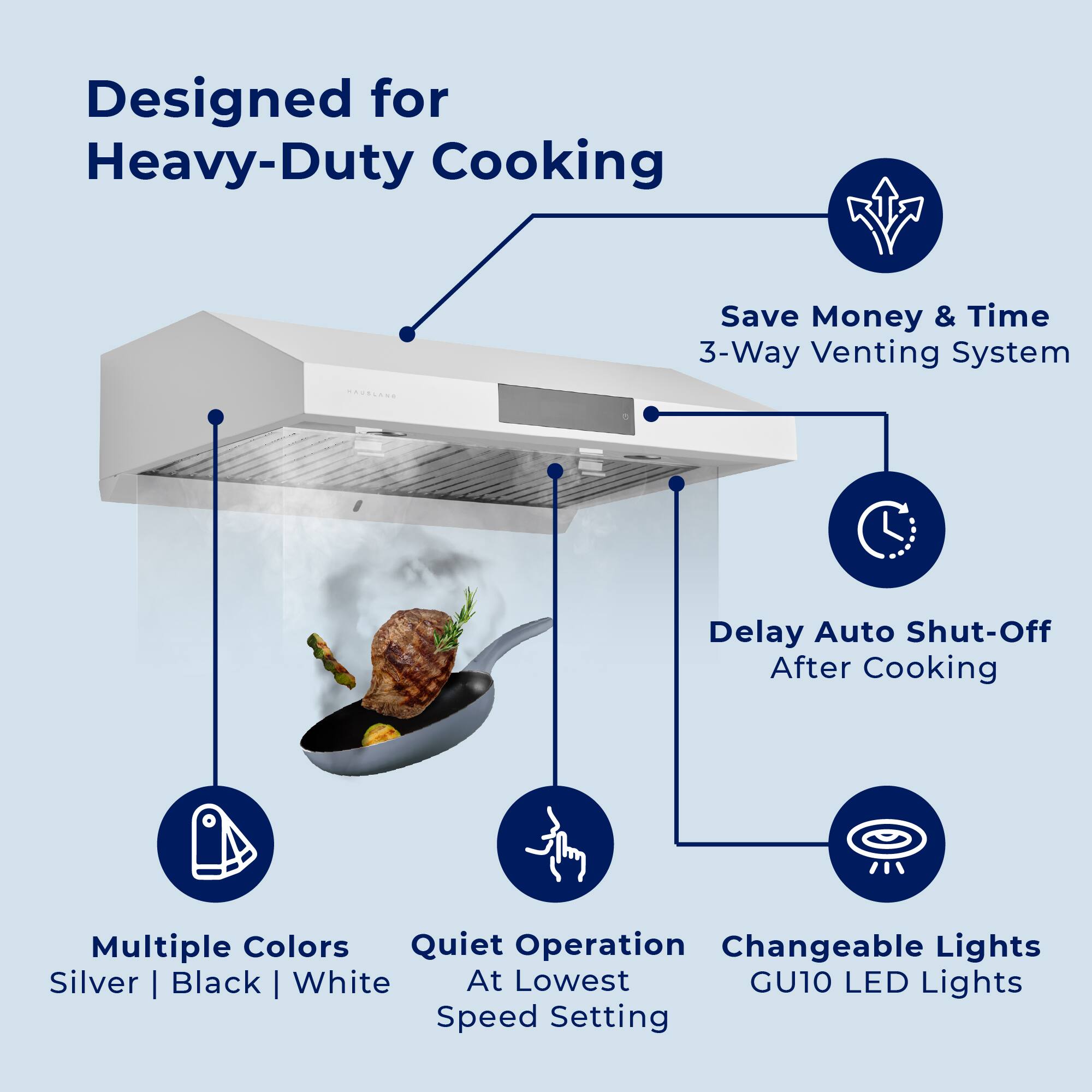 Designed for Heavy-Duty Cooking

- Save Money & Time
  - 3-Way Venting System

- Delay Auto Shut-Off
  - After Cooking

- Multiple Colors
  - Silver | Black | White

- Quiet Operation
  - At Lowest Speed Setting

- Changeable Lights
  - GU10 LED Lights