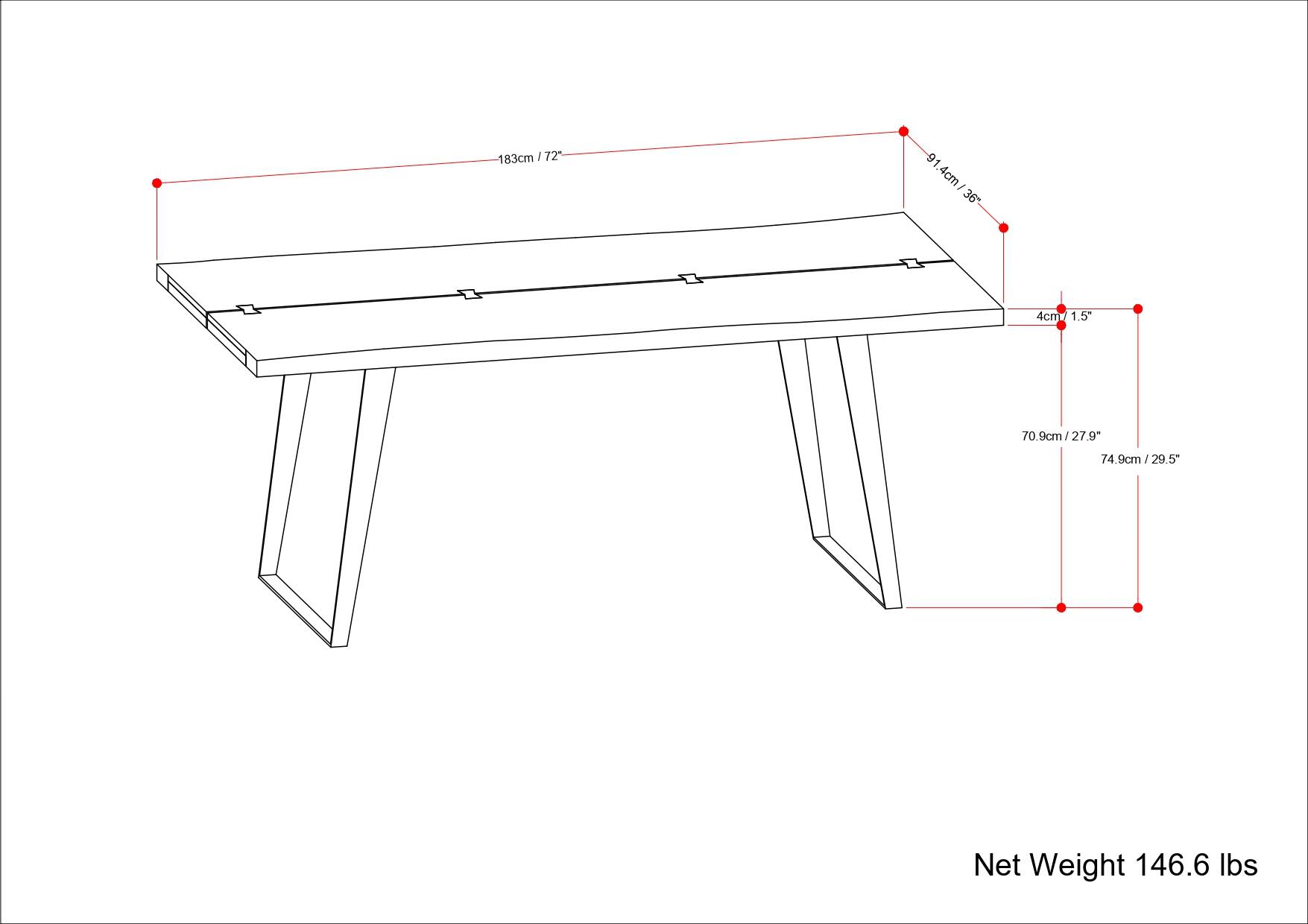 183cm / 72"  
91.4cm / 36"  
4cm / 1.5"  
70.9cm / 27.9"  
74.9cm / 29.5"  
Net Weight 146.6 lbs