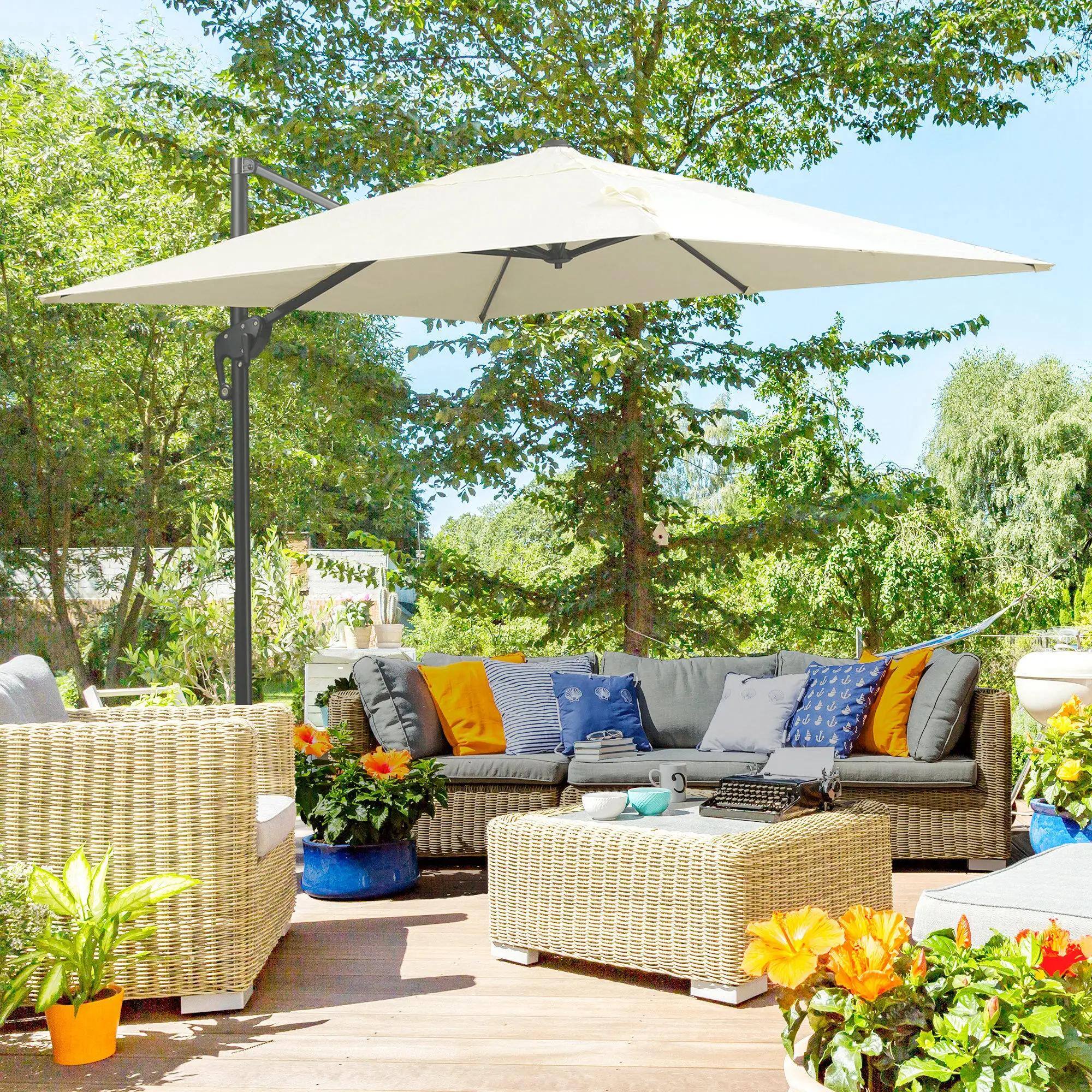 Alt View 6. Spaco - Spaco 8ft Cantilever Umbrella Square Offset with Tilt, Crank and Cross Base - White.