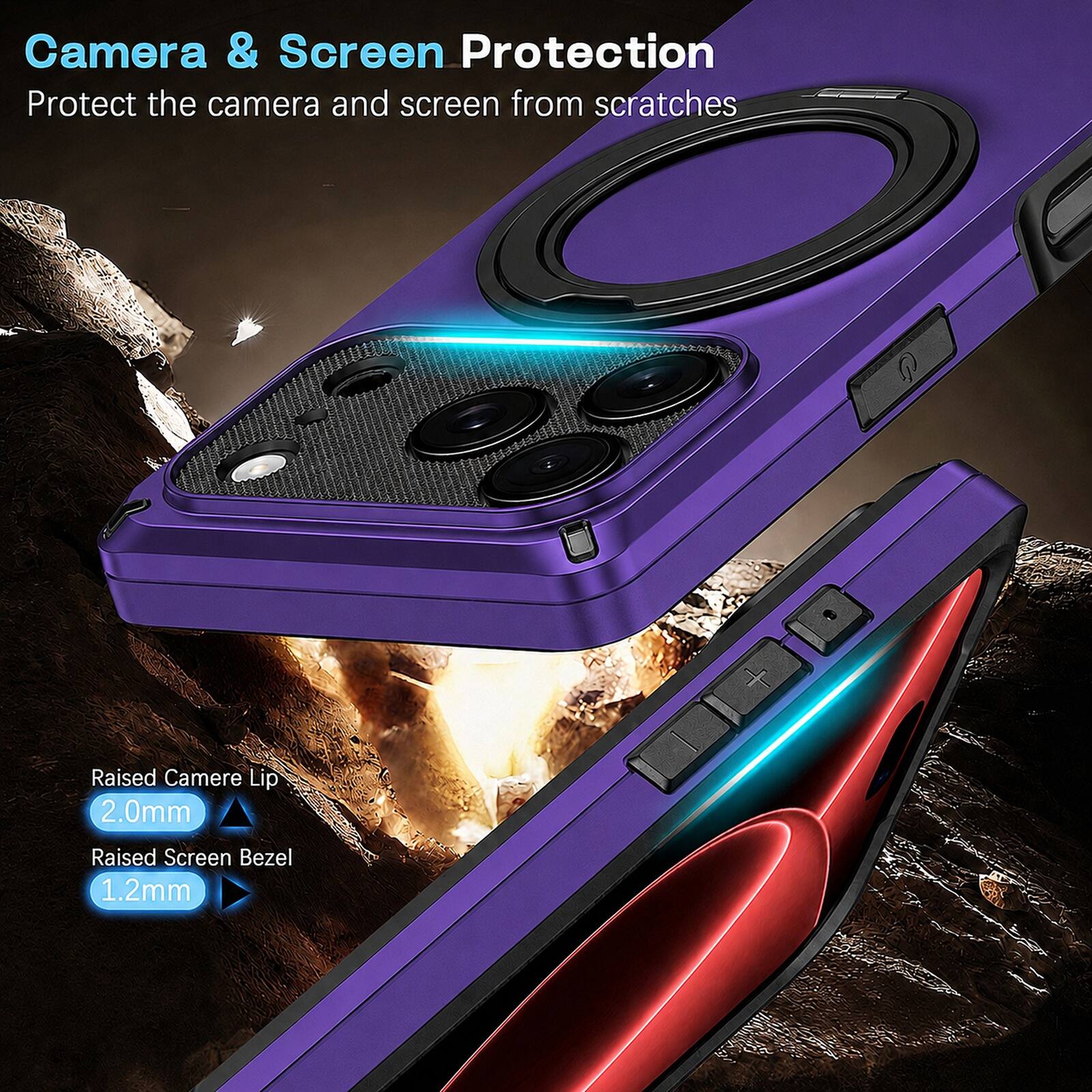 Camera & Screen Protection  
Protect the camera and screen from scratches  

Raised Camera Lip 2.0mm  
Raised Screen Bezel 1.2mm
