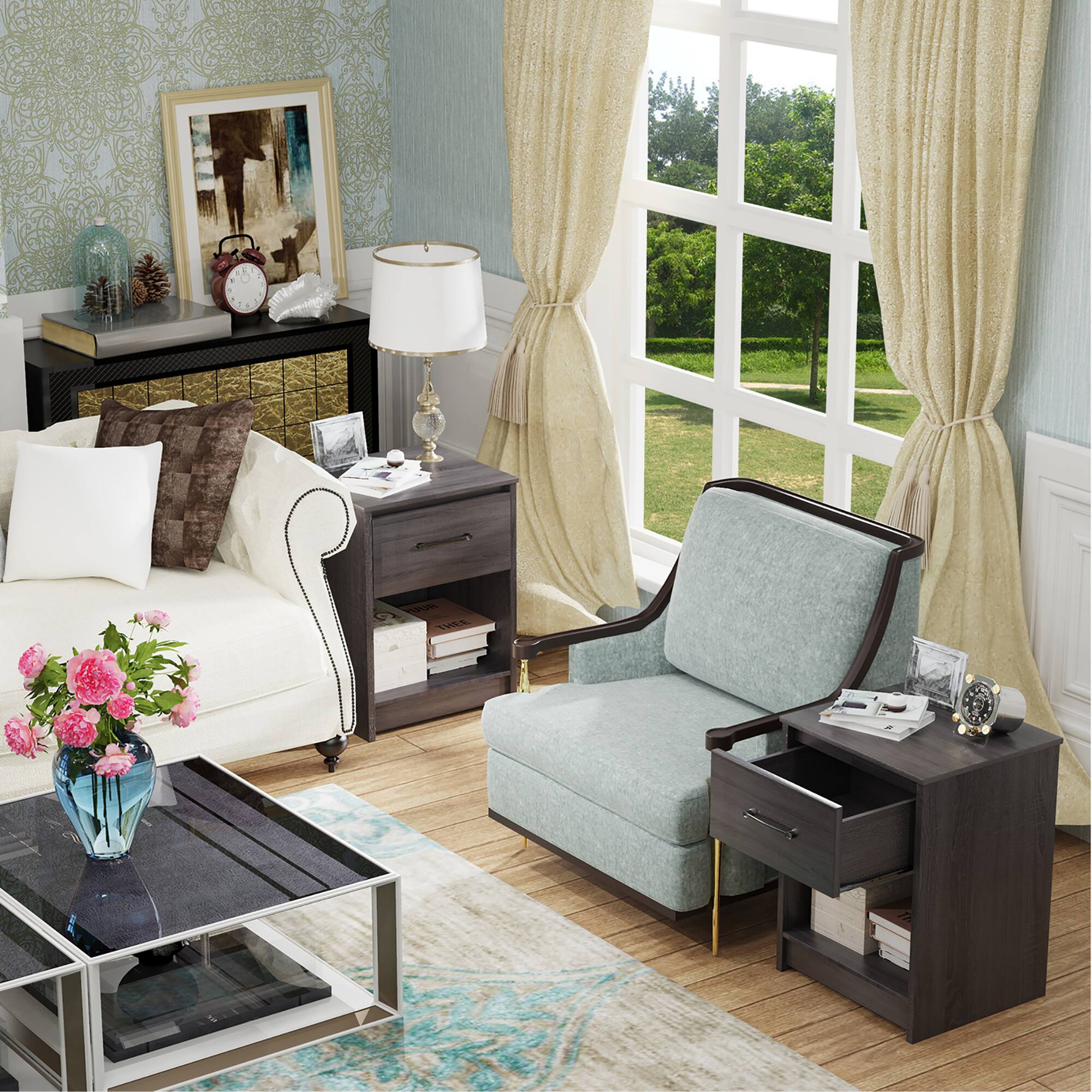 Alt View 18. Costway - Nightstand with Drawer Storage Shelf Wooden End Side Table Bedroom - Black.